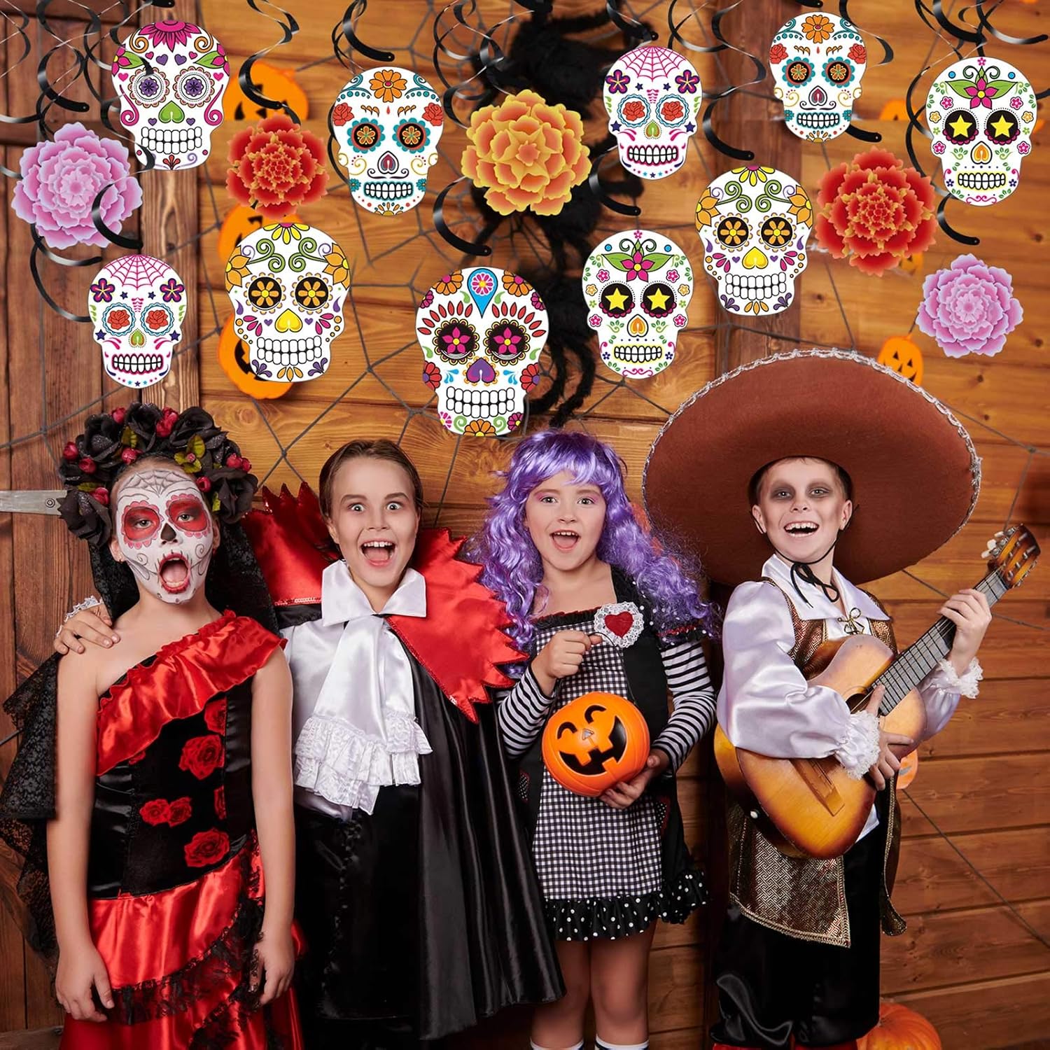 30 remolinos de papel de aluminio del Día de los Muertos, decoraciones de Halloween, calavera de azúcar, flores colgantes en el techo, remolinos de