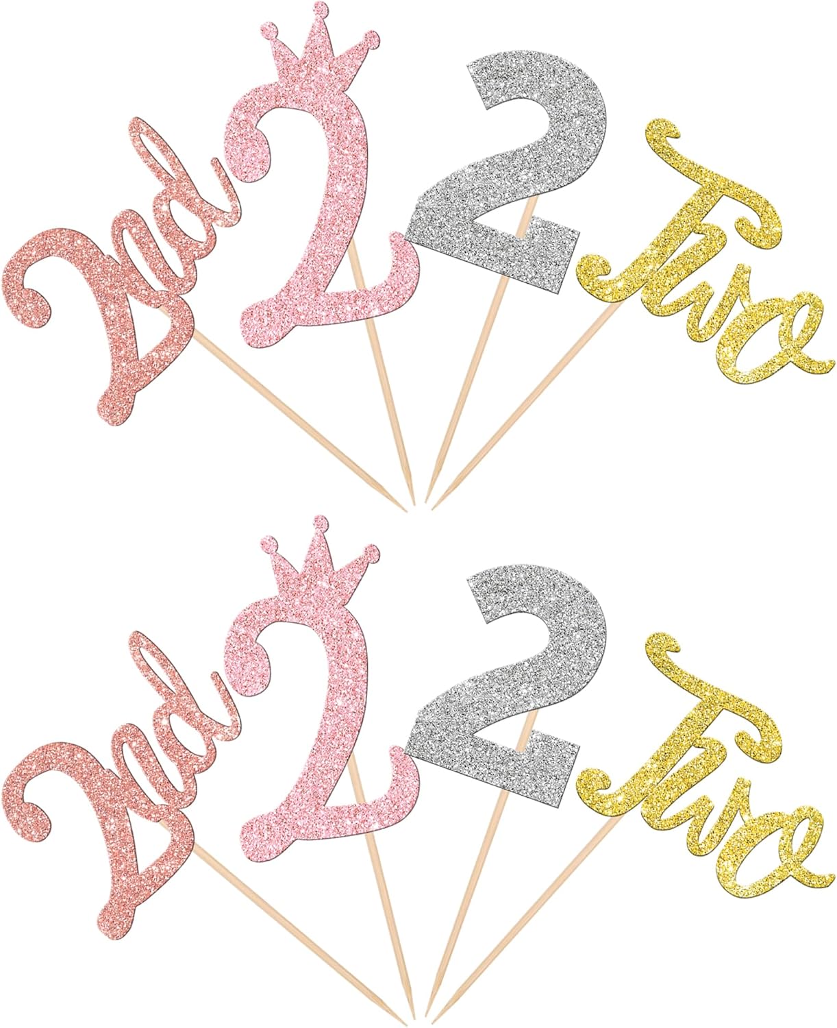 24 piezas de dos adornos para cupcakes con purpurina, dos púas para cupcakes de 2 cumpleaños, número 2, dos palillos para pasteles para baby shower,
