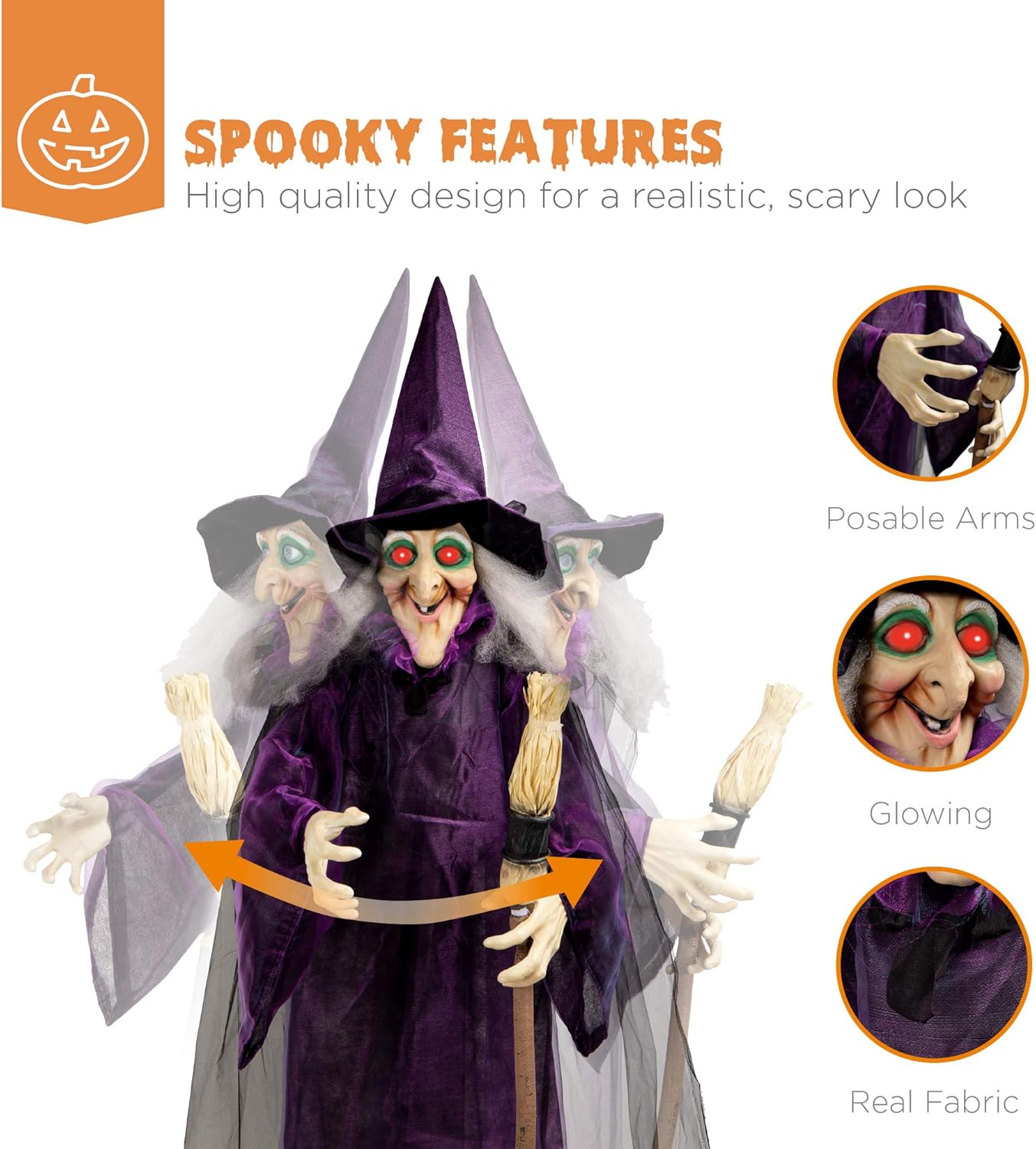 Best Choice Products Bruja animatrónica de Halloween de 5 pies, Wanda malvada de pie, figura decorativa con frases pregrabadas, ojos LED brillantes,