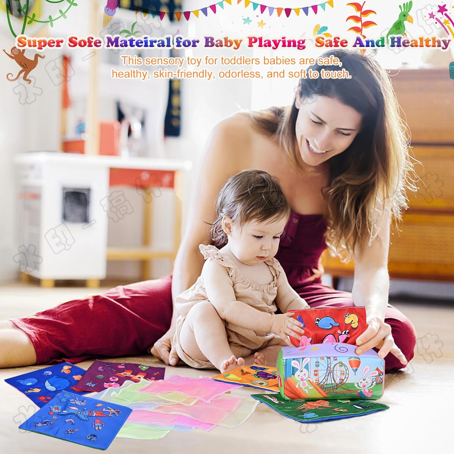 ANOOVV Caja de pañuelos para bebé, juguetes Montessori de 6 a 12 meses, juguetes Montessori para bebés, juguetes suaves de relleno de colores de