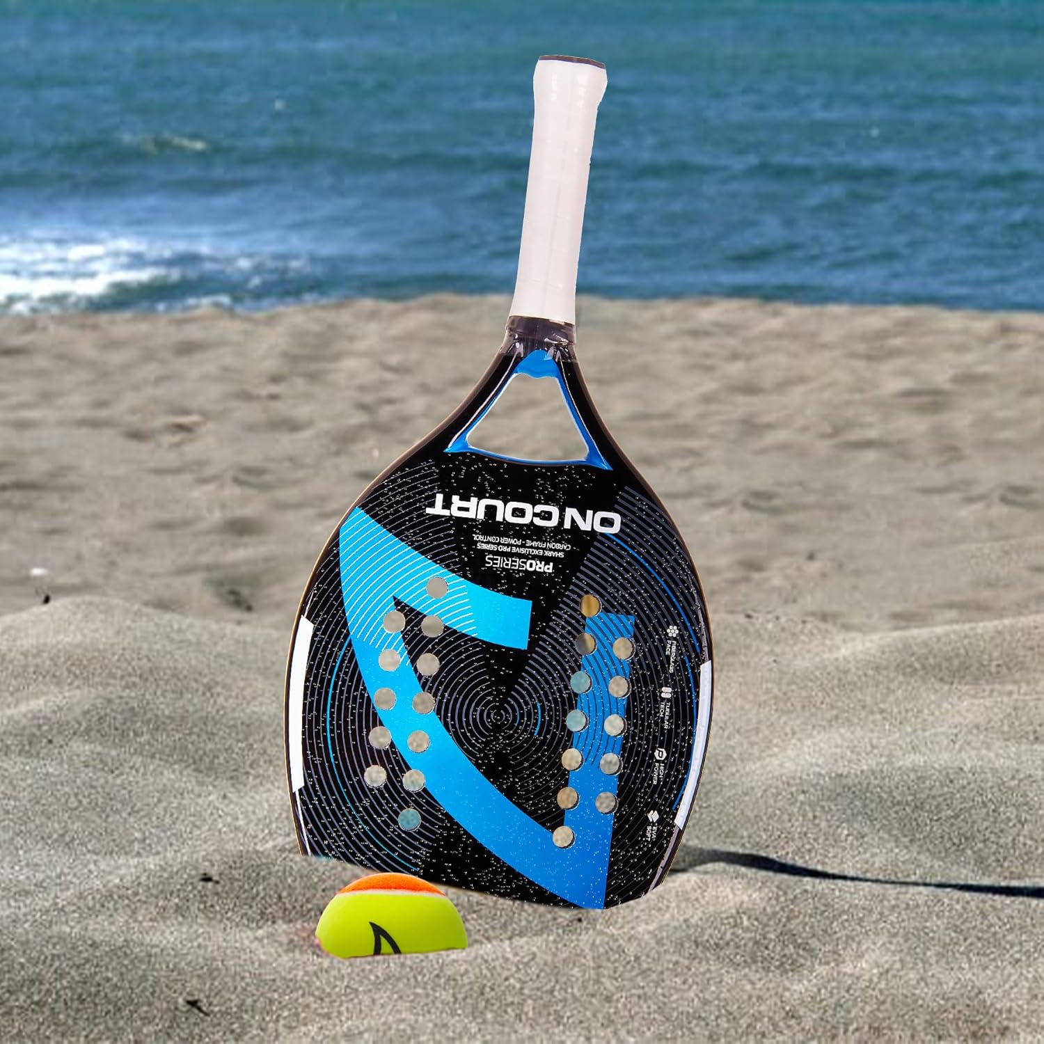 Shark On Court – Raqueta profesional de tenis de playa  Marco de carbono, cara de fibra de vidrio, grosor de 0.866 in  Nivel intermedio  Giro,