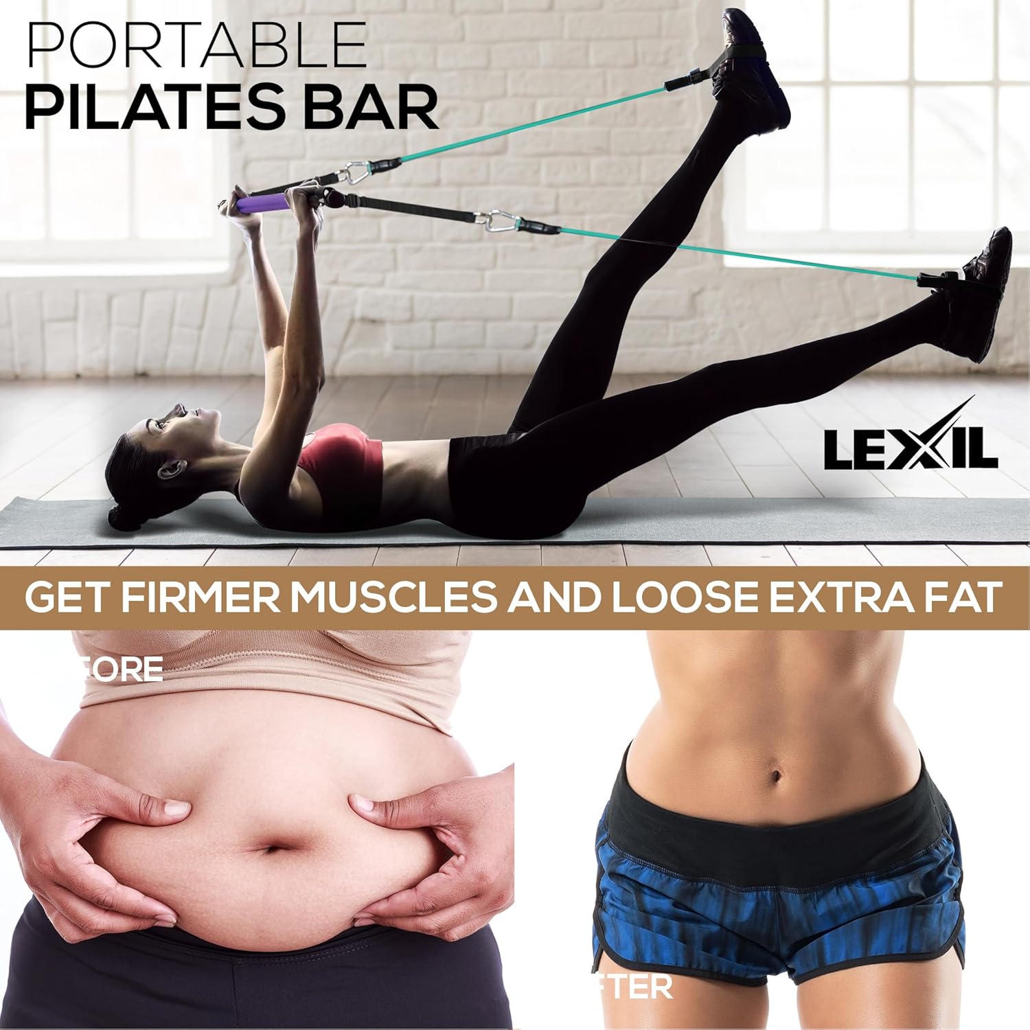 LEXIL Kit de ejercicios de barra de pilates portátil, apilable, 3 pares de bandas de resistencia (15, 20, 30 libras), equipo de gimnasio en casa