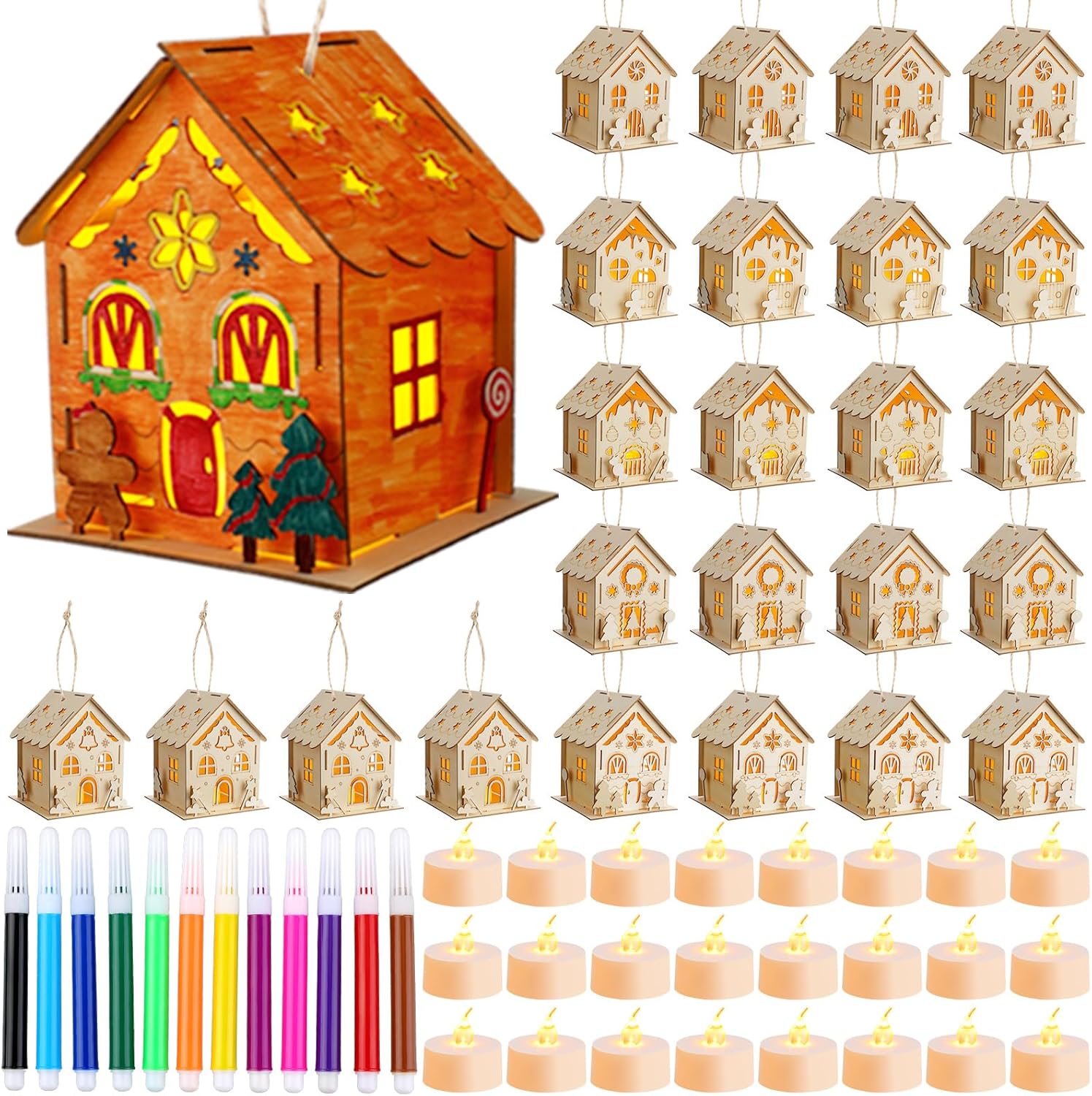 Spiareal Juego de 24 juegos de portavelas de madera de jengibre, casas de Navidad luminosas de madera con bolígrafos de acuarela y velas LED sin