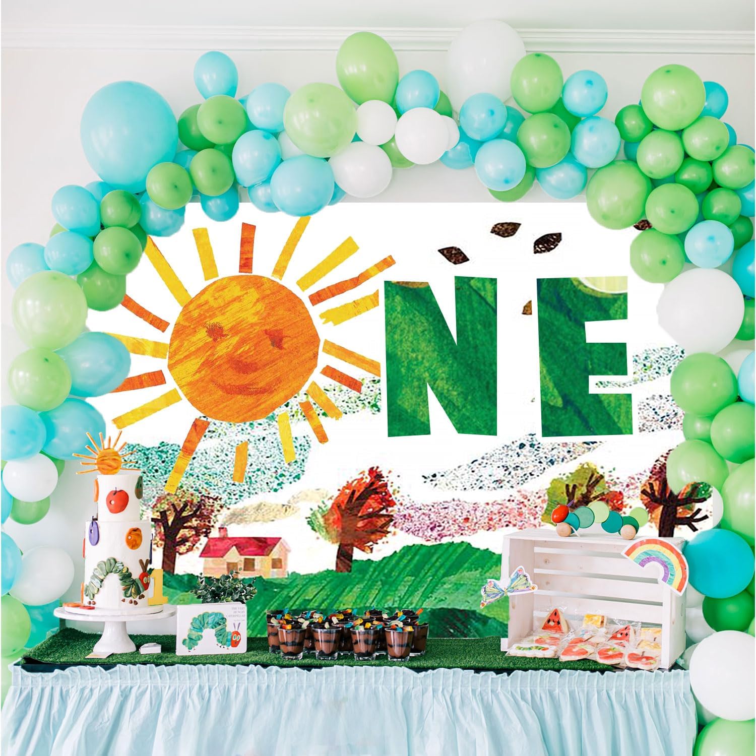 Cartel de feliz cumpleaños con temática de oruga hambrienta, decoración de fondo de dibujos animados de sol de un año de edad, cartel de fiesta de
