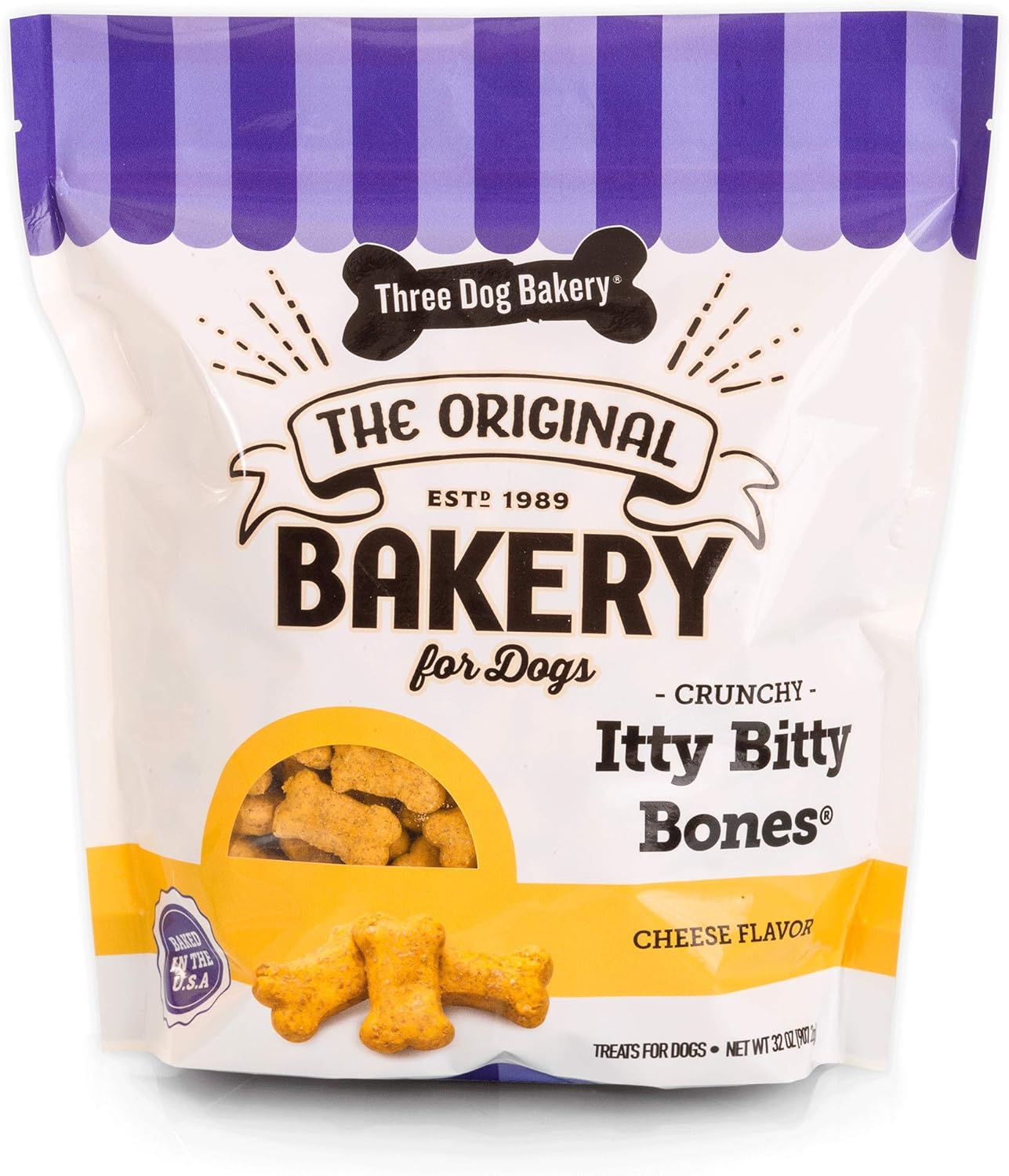 Three Dog Bakery Crunchy Itty Bitty Bones – Golosinas horneadas para perros, queso, 32 onzas