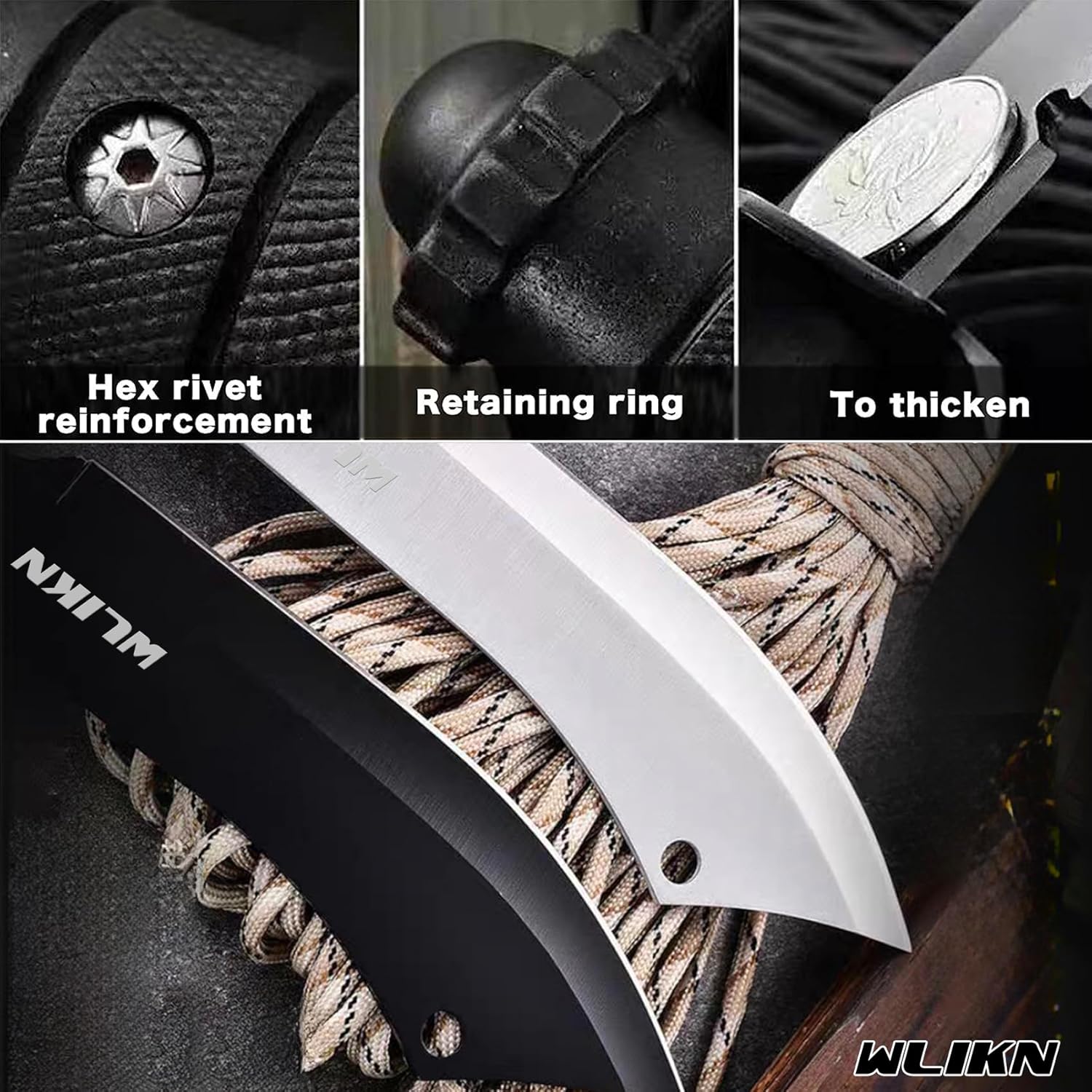 Wlikn Cuchillo de hoja fija con funda, cuchillo Bowie de supervivencia de hoja de un solo filo fuerte con mango antideslizante, para camping, caza y