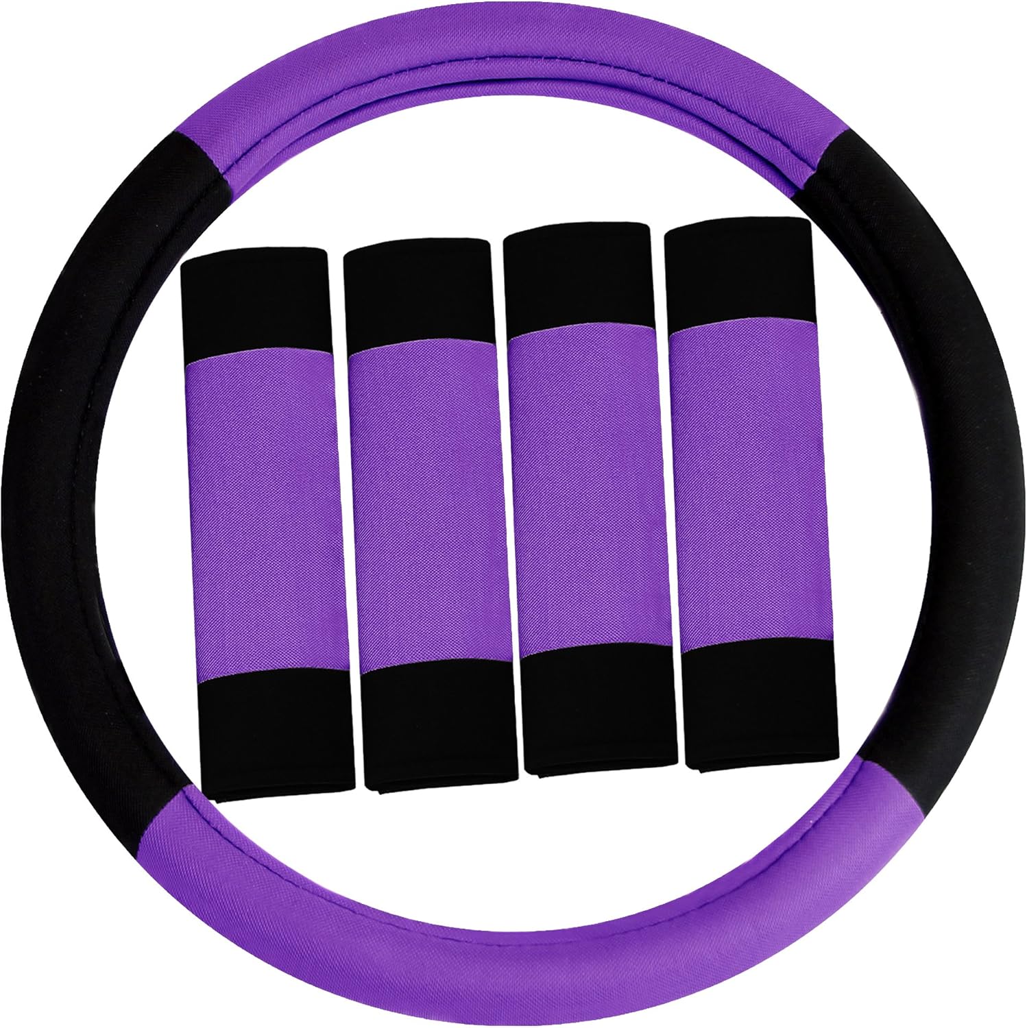 FH Group Juego de fundas de asiento de coche de tres filas llamativas a rayas para volante y almohadillas para cinturón de seguridad, color morado,