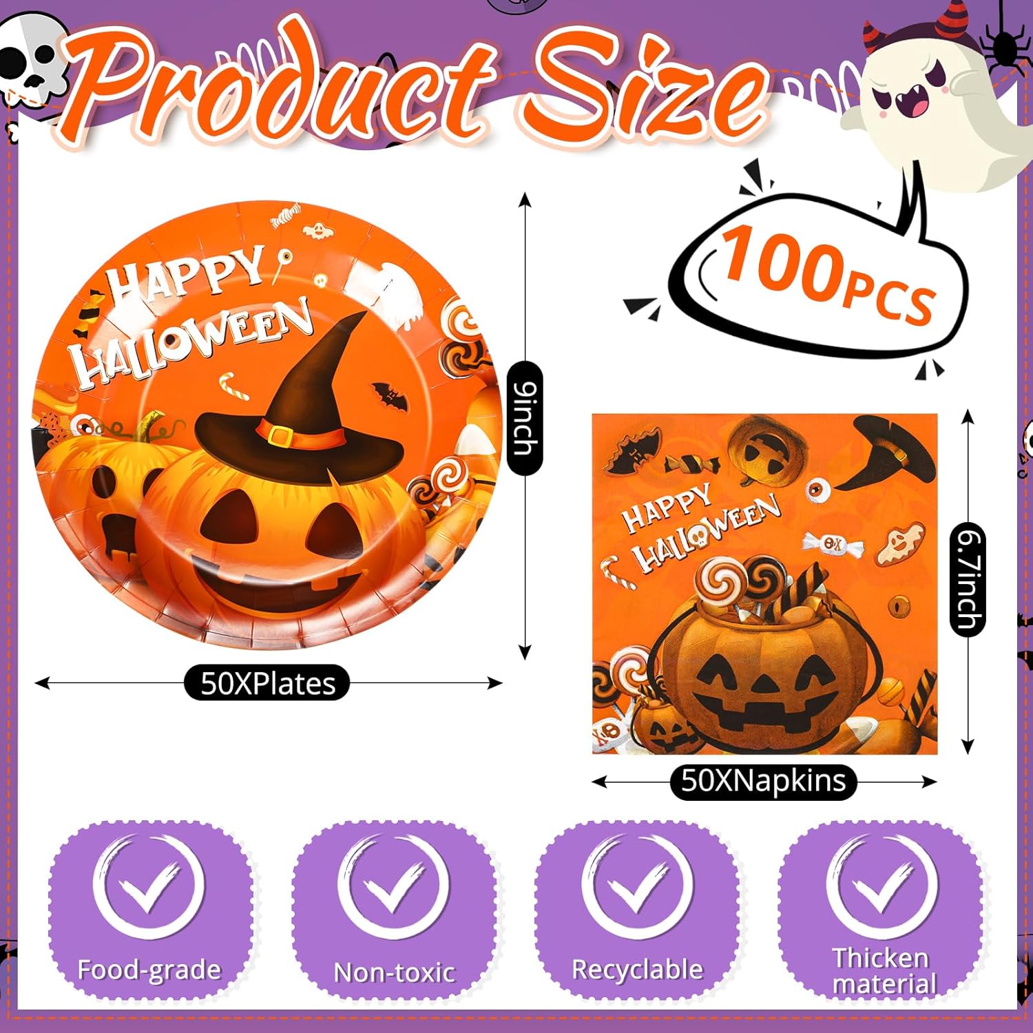 100 piezas de suministros para fiesta de Halloween, platos desechables, servilletas, cena, almuerzo, postre para decoración de fiesta de cumpleaños,