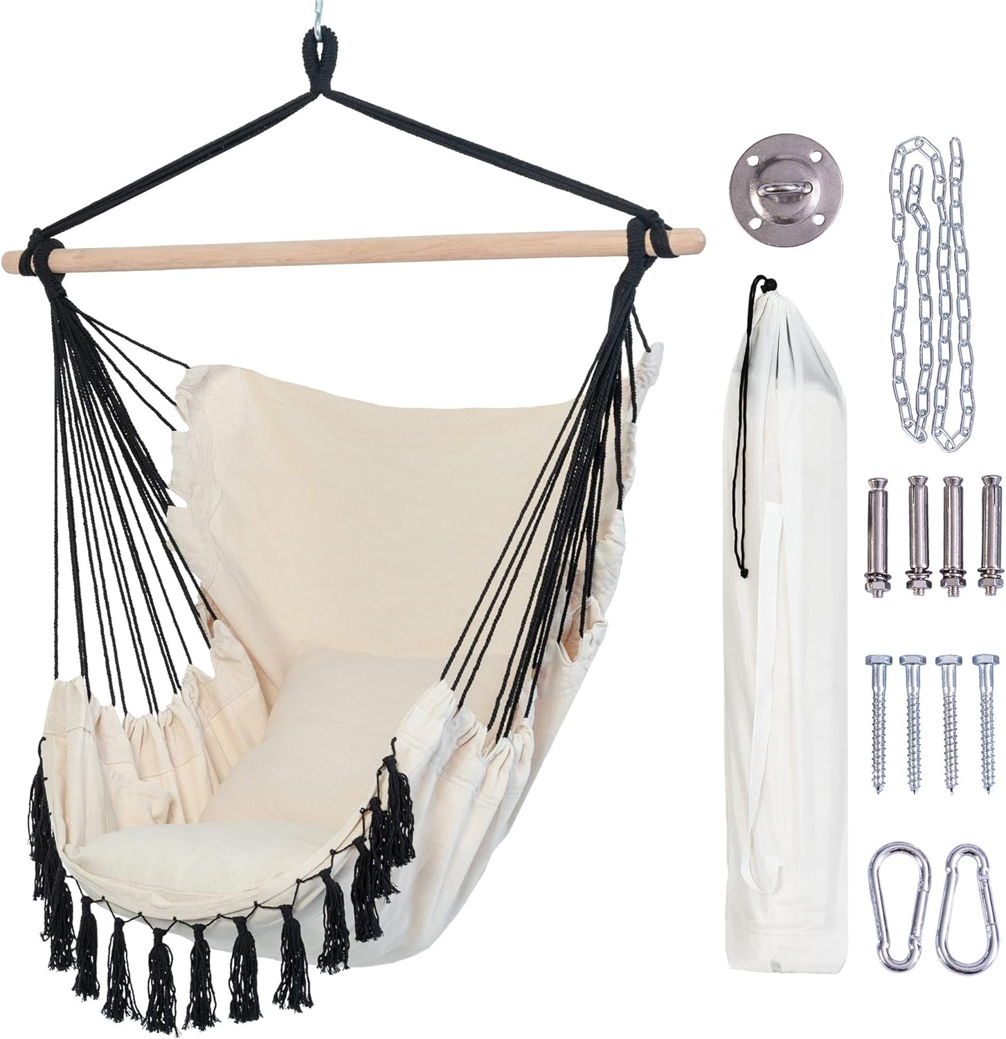 Lazy Daze Hammocks Silla colgante de cuerda de algodón, asiento de macramé, incluye dos cojines de asiento, bolsa de transporte y accesorios,
