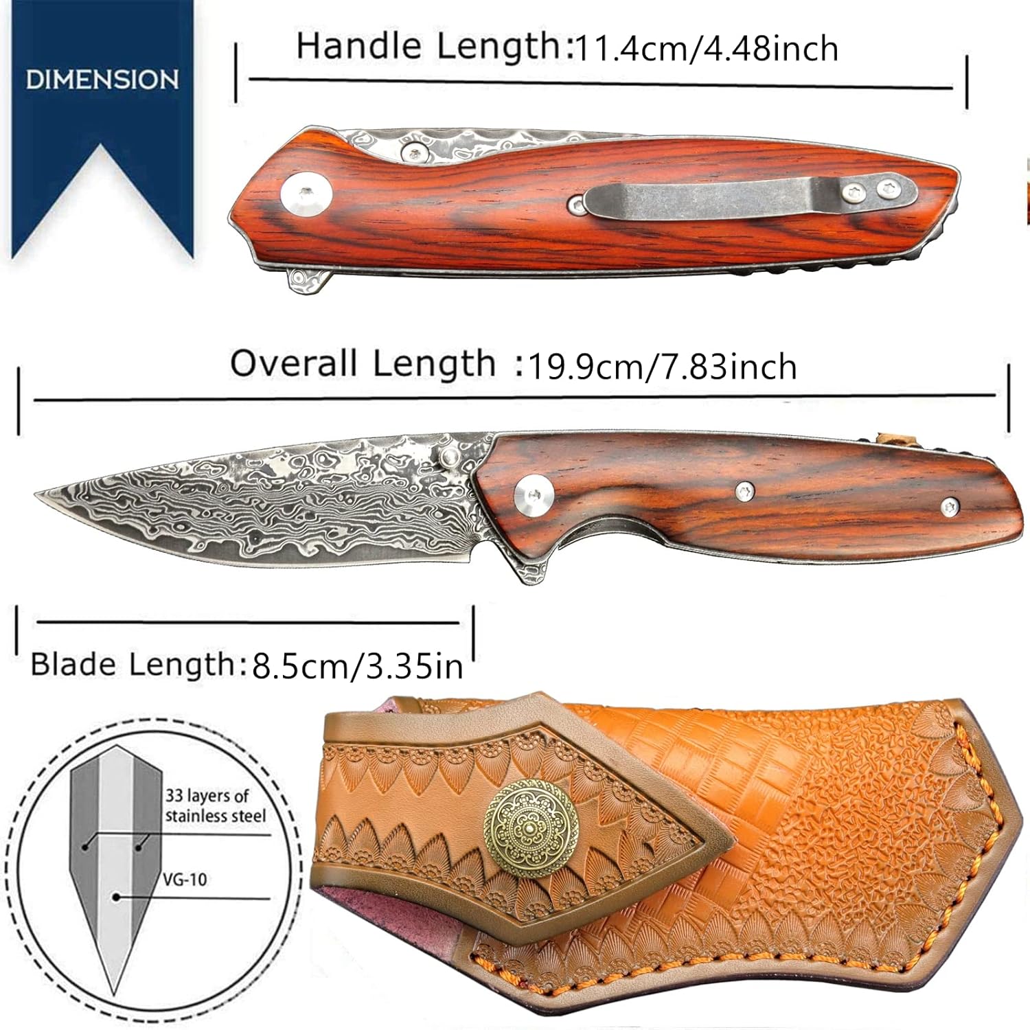 Sitivien ST240 EDC Cuchillo plegable de acero Damasco con mango Dalbergia, bloqueo de hoja de núcleo VG10 y clip para cinturón, cuchillo de