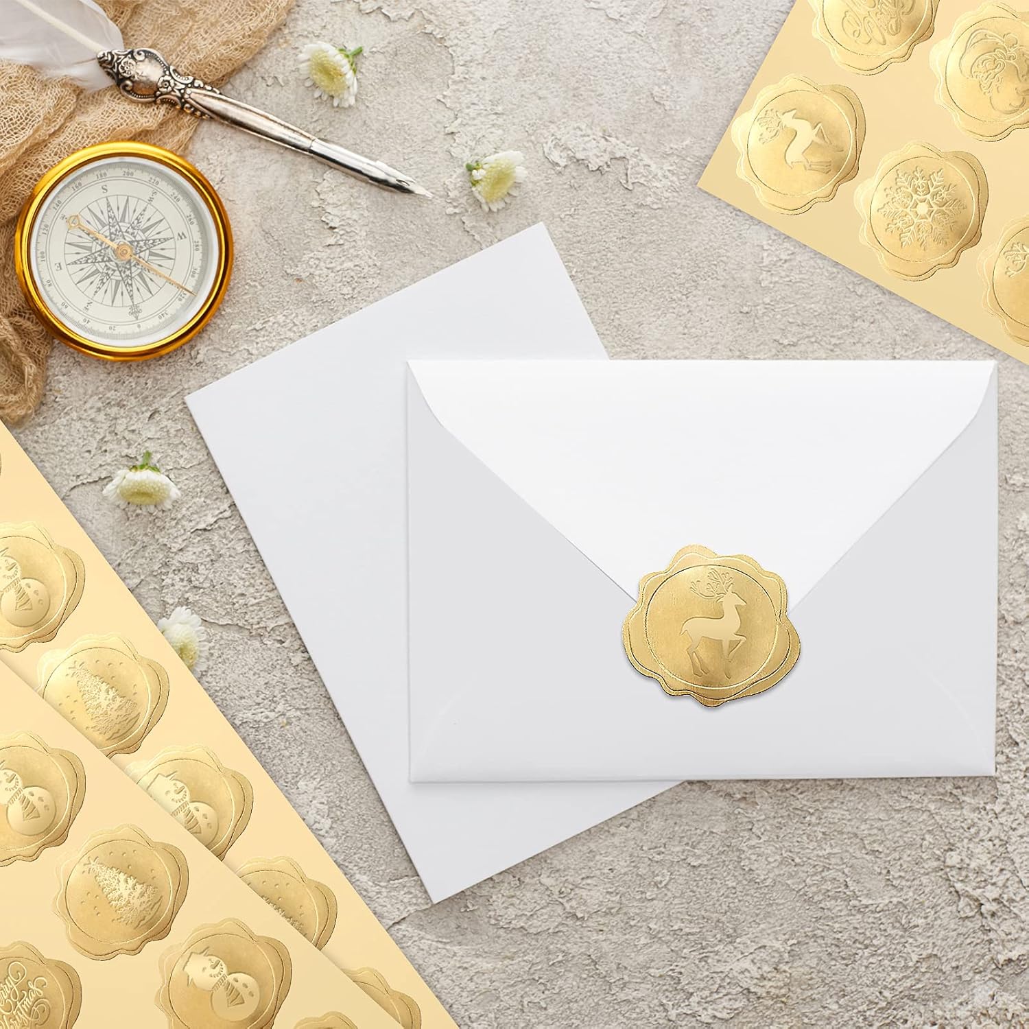480 calcomanías de sobres de Navidad, calcomanías de papel dorado en relieve, calcomanías de sellos de cera, calcomanías adhesivas de flores para