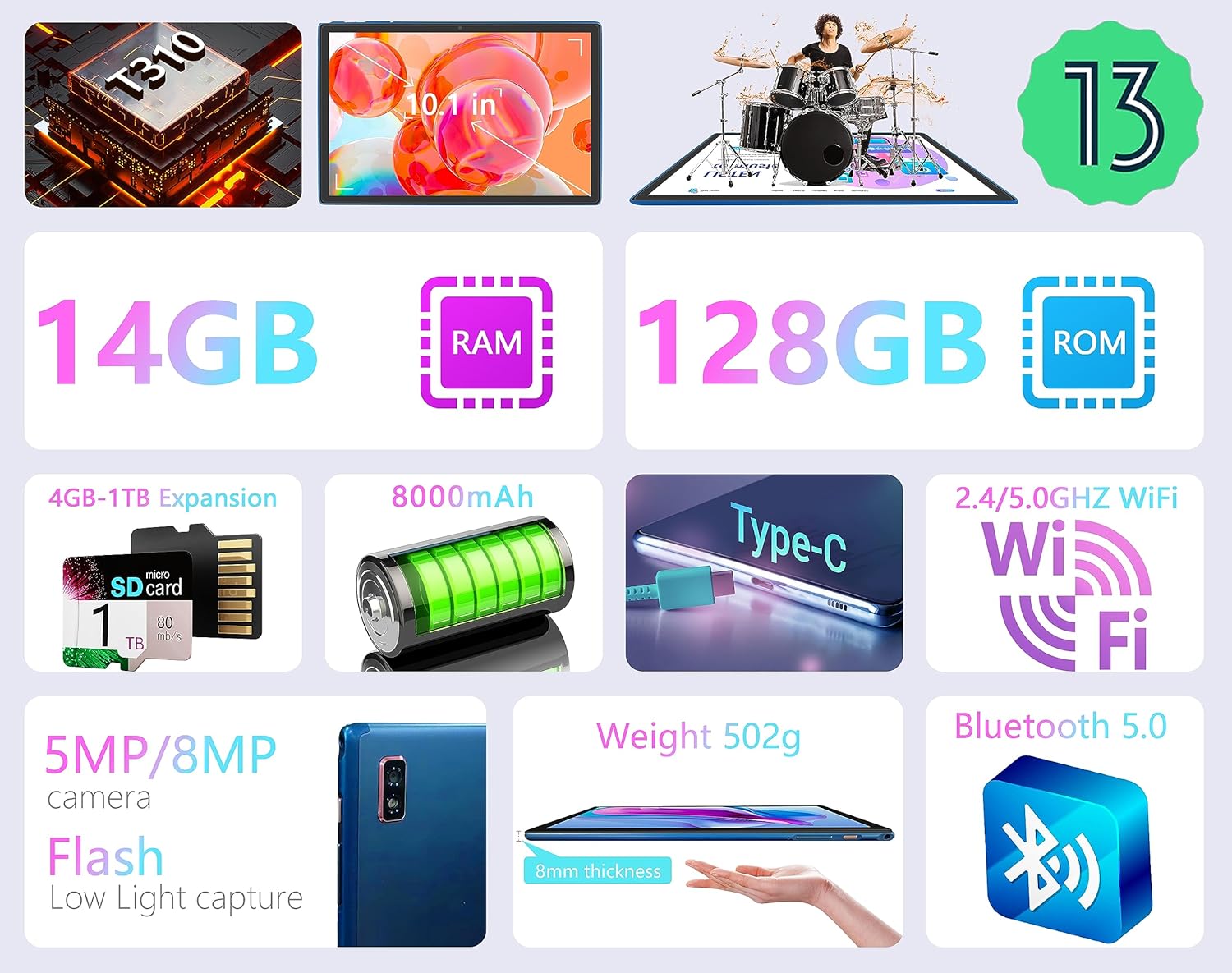 2024 Tablet Android 13 Octa-Cores 14GB RAM 128GB ROM 1TB TF, WiFi 5G, Bluetooth 5.0, GPS, GMS, batería de 8000mAh, 8MP+5MP, OTG, tipo C, Tablet PC