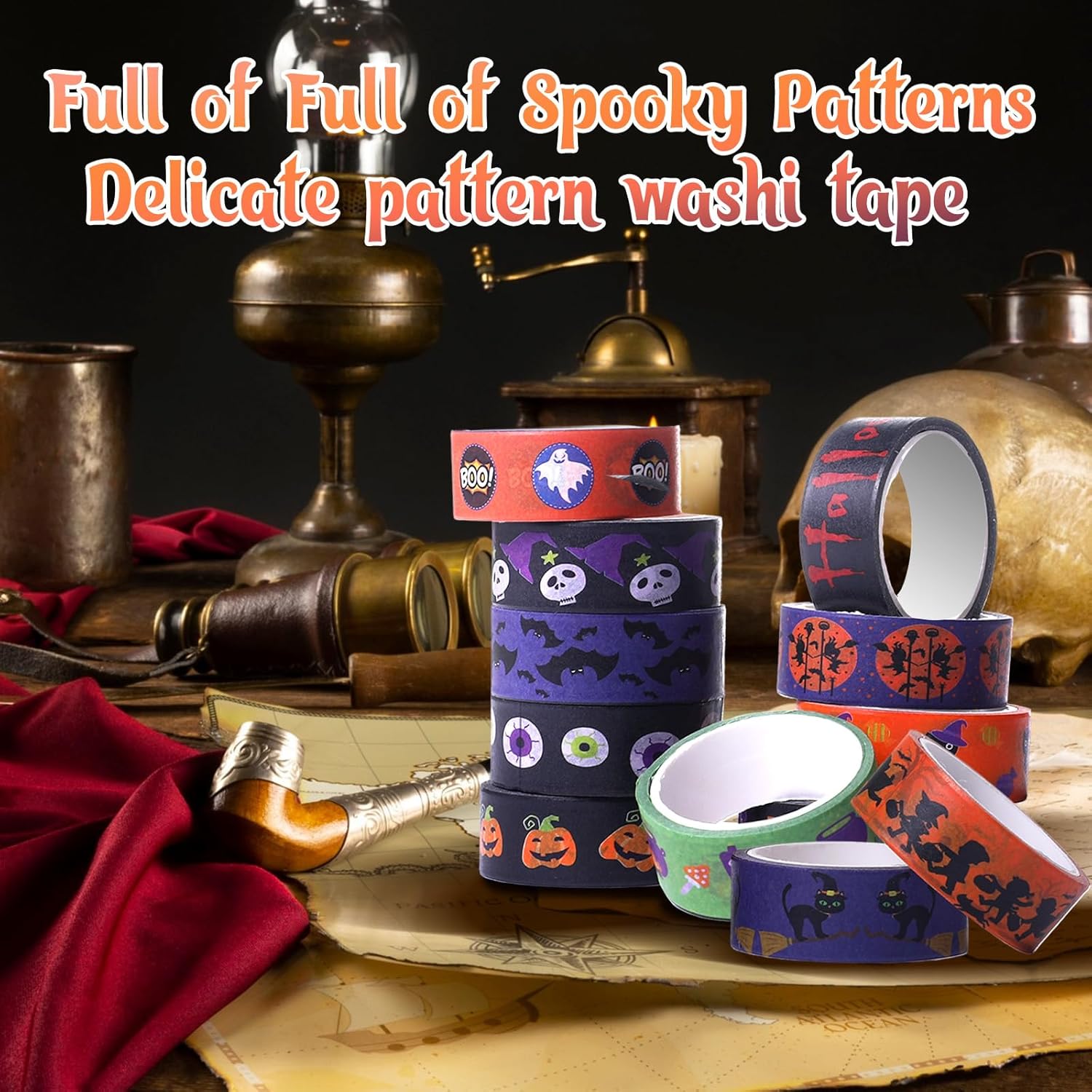 12 rollos de cinta Washi de Halloween, cinta decorativa de terror de Halloween con patrones de telaraña de calabaza, fantasma, murciélago, araña,