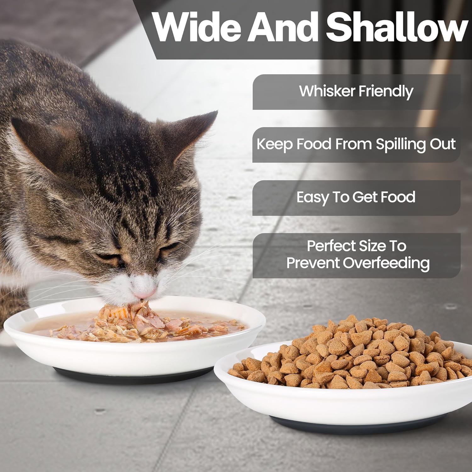Cuencos de comida para gatos, cuencos de cerámica para gatos con parte inferior de silicona antideslizante, paquete de 3 platos silenciosos para
