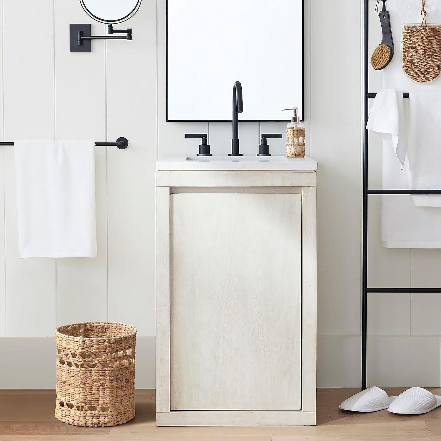 Motifeur Papelera de baño  Bote de basura decorativo de jacinto de agua tejida a mano con cubo de basura interior de plástico transparente