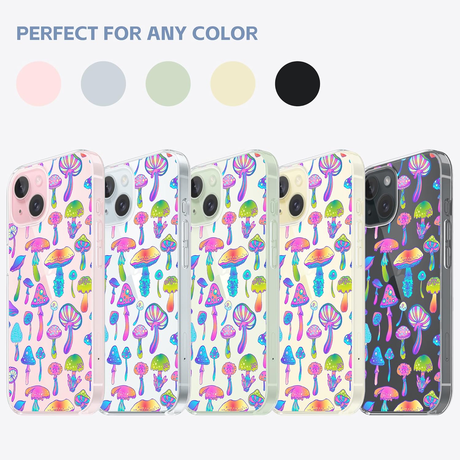 Funda diseñada para iPhone 15 Plus, diseño de hongos psicodélicos mágicos, funda transparente de hongos coloridos hippies para iPhone 15 Plus, a