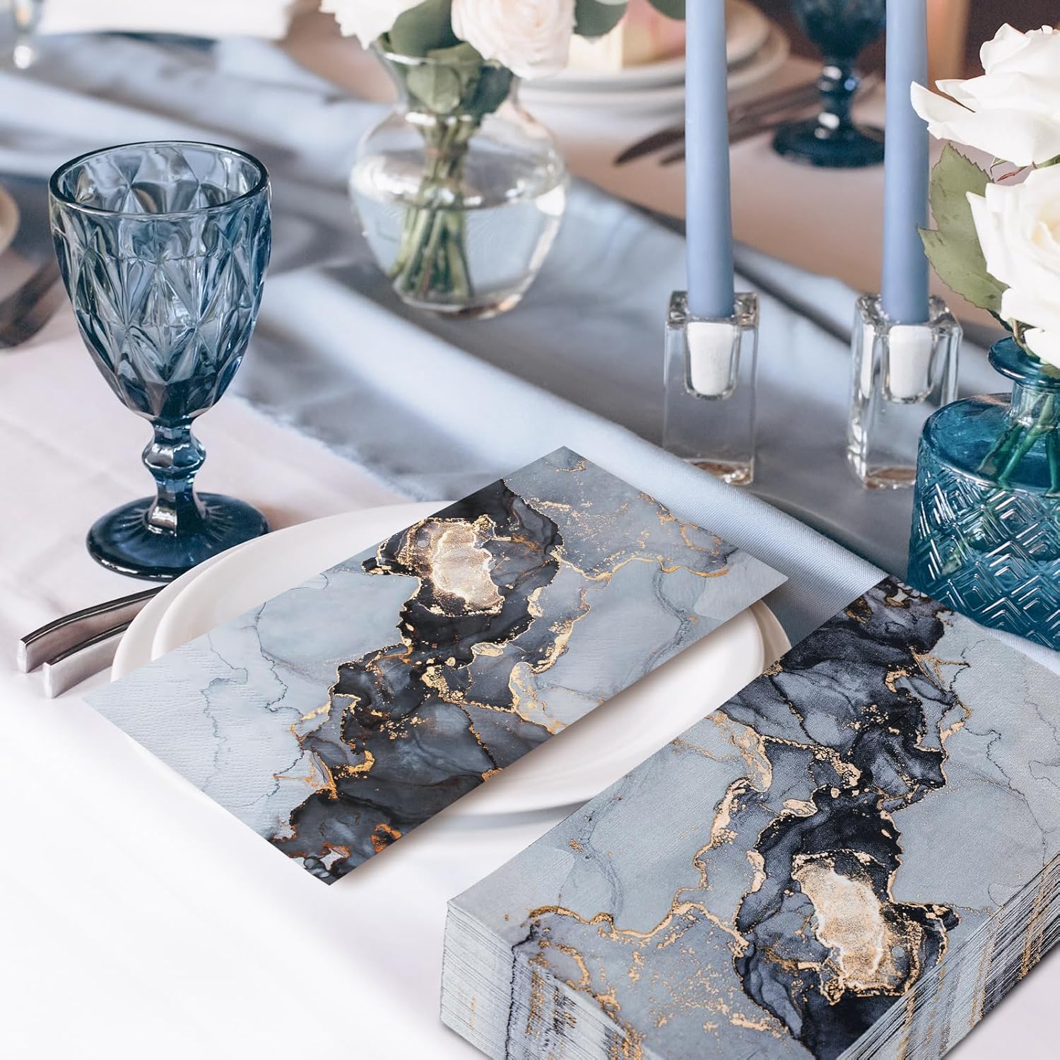 AnyDesign Paquete de 100 servilletas de mármol de 3 capas desechables de papel elegante azul dorado marmoleado para fiesta, servilletas de mano de