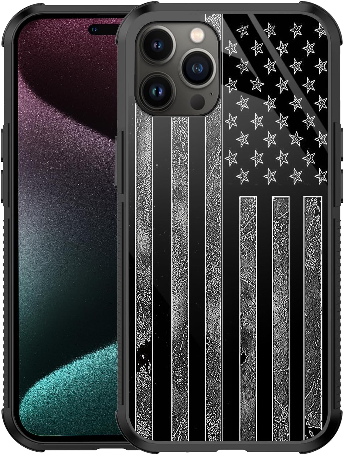 Funda compatible con iPhone 15, funda de bandera estadounidense gris oscuro para iPhone 15 para hombres y niños, diseño de vidrio orgánico, a prueba