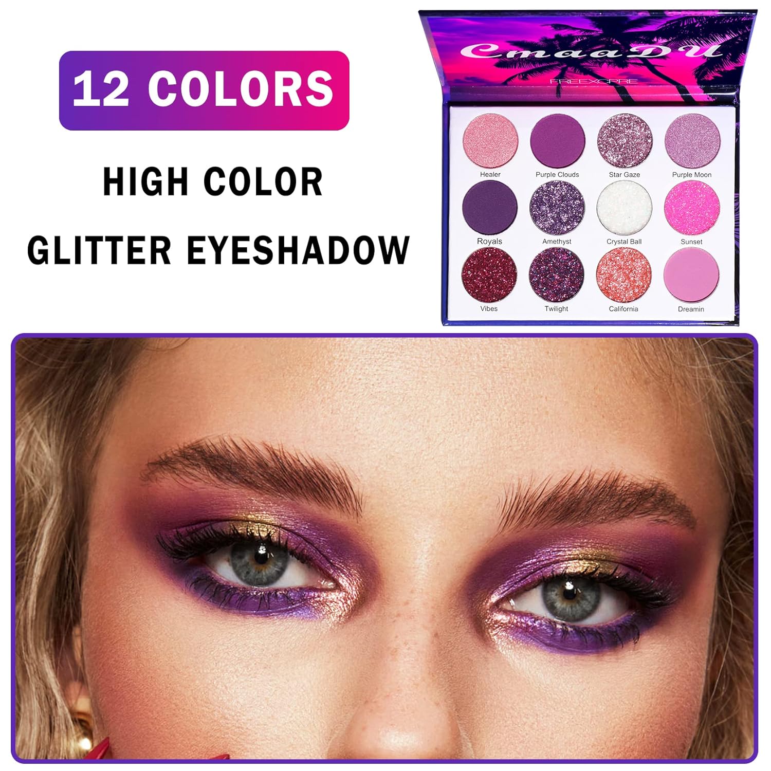 NVLEPTAP Paleta de sombra de ojos de 12 colores con purpurina, morado, rosa, blanco, paleta de sombra de ojos de arco iris de alta pigmentación,