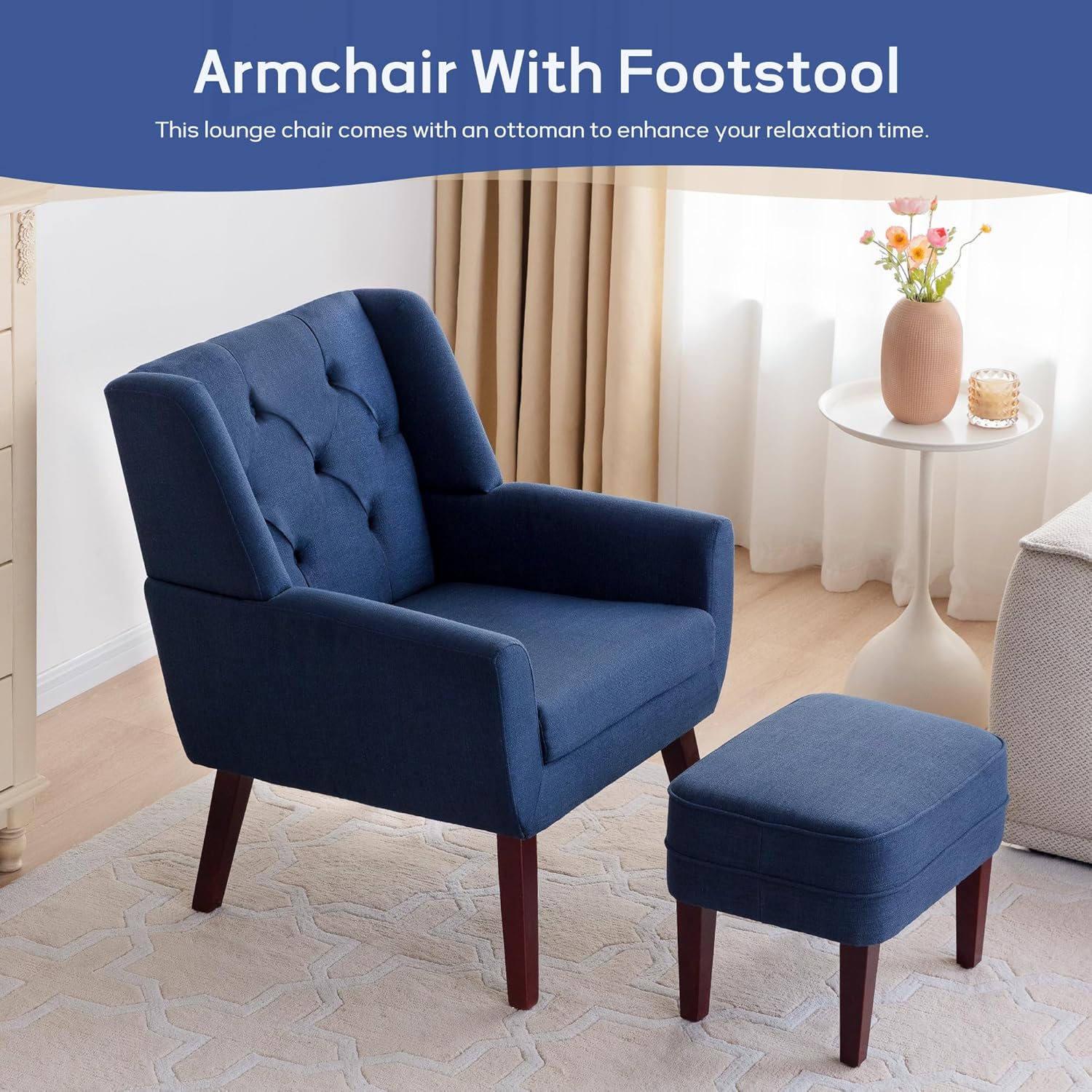 HUIMO Silla decorativa con otomana, sillón tapizado con botones, sofá de tela de lino, silla de lectura para sala de estar, silla para dormitorio,