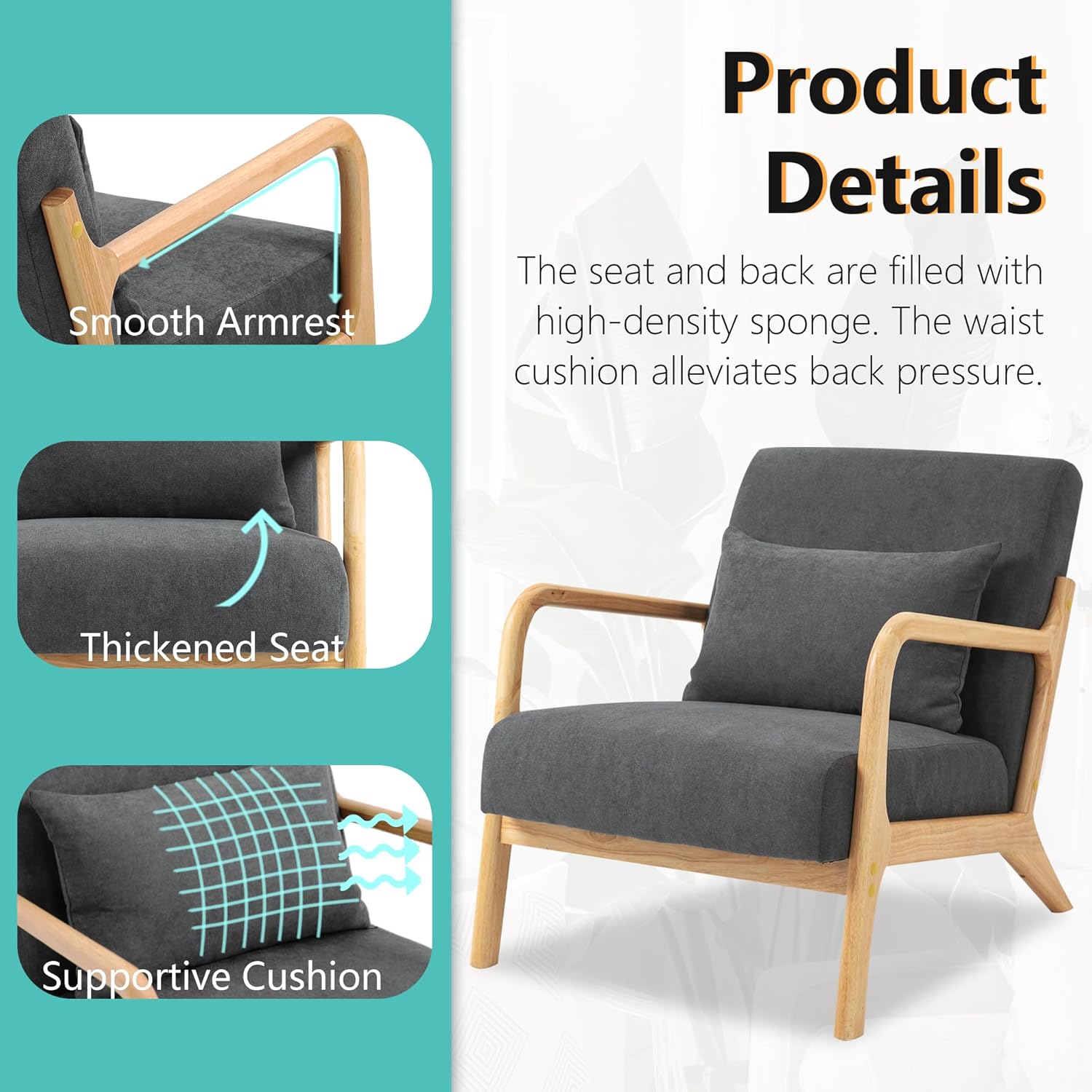Dolonm Silla decorativa moderna con marco de madera, silla tapizada con cojín de cintura, sillón de terciopelo para sala de estar, dormitorio, sala