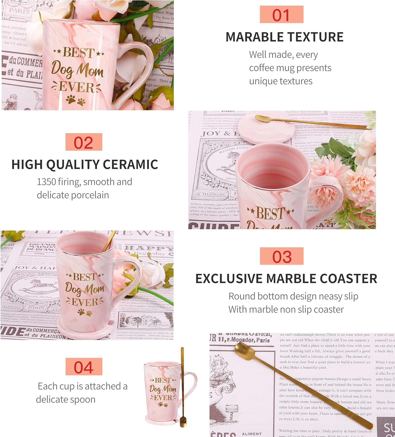 RosieLily Best Dog Mom Ever – Tazas de café para mujeres, divertidas tazas de cerámica con diseño de mármol, regalos de cumpleaños para amantes de