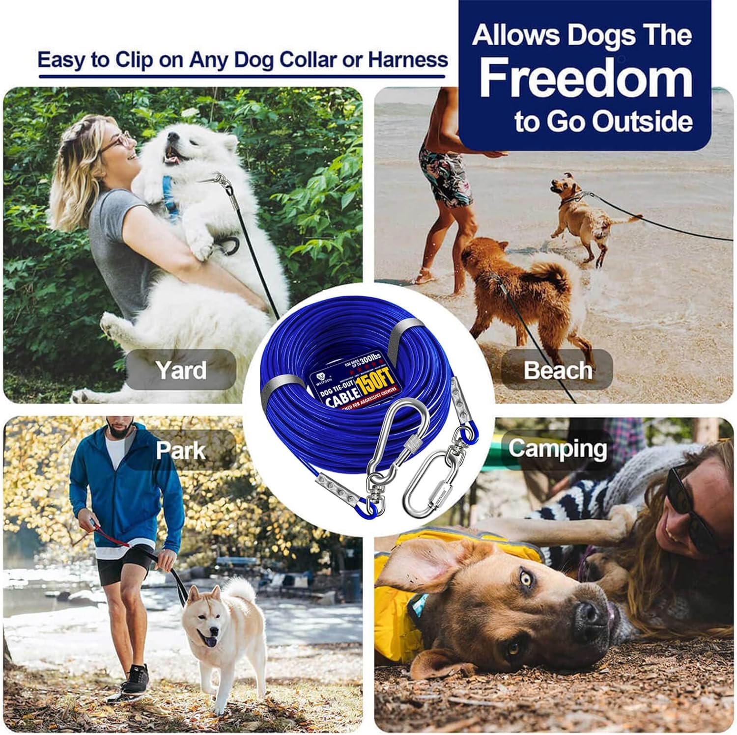 Cable de amarre para perros de hasta 300 libras, 150 pies, extra fuerte, más de 1000 libras, resistencia a la rotura, correa de entrenamiento, cable