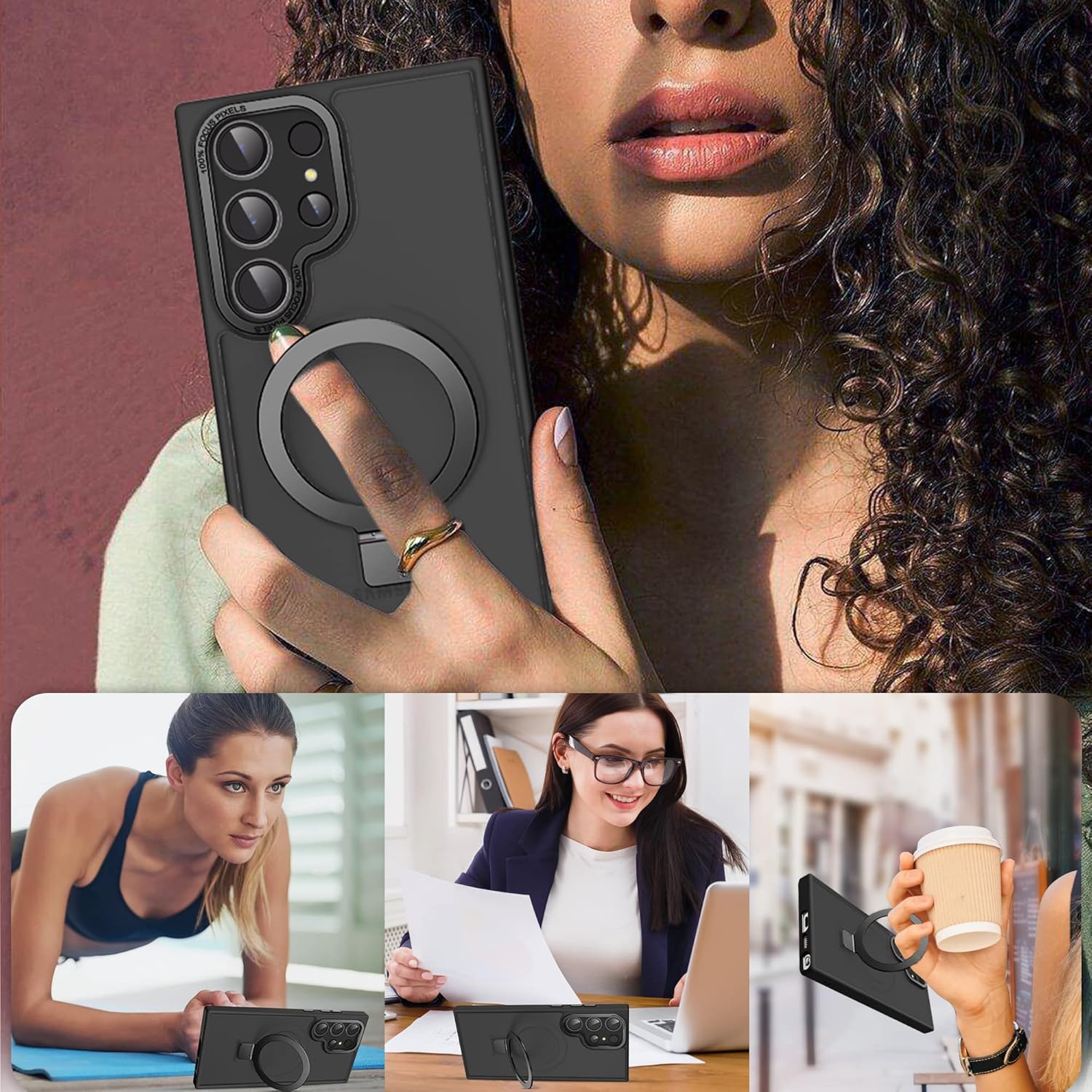 Funda para Samsung Galaxy S23 Ultra con soporte de anillo magnético, protección contra caídas de grado militar translúcida mate para mujeres y