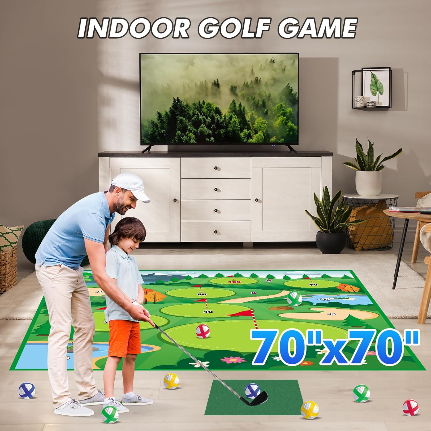 VATOS Alfombrilla de golf con 2 palos, 70 x 70 pulgadas, tapete de entrenamiento de golf para interiores y exteriores, para niños, adultos, familia,