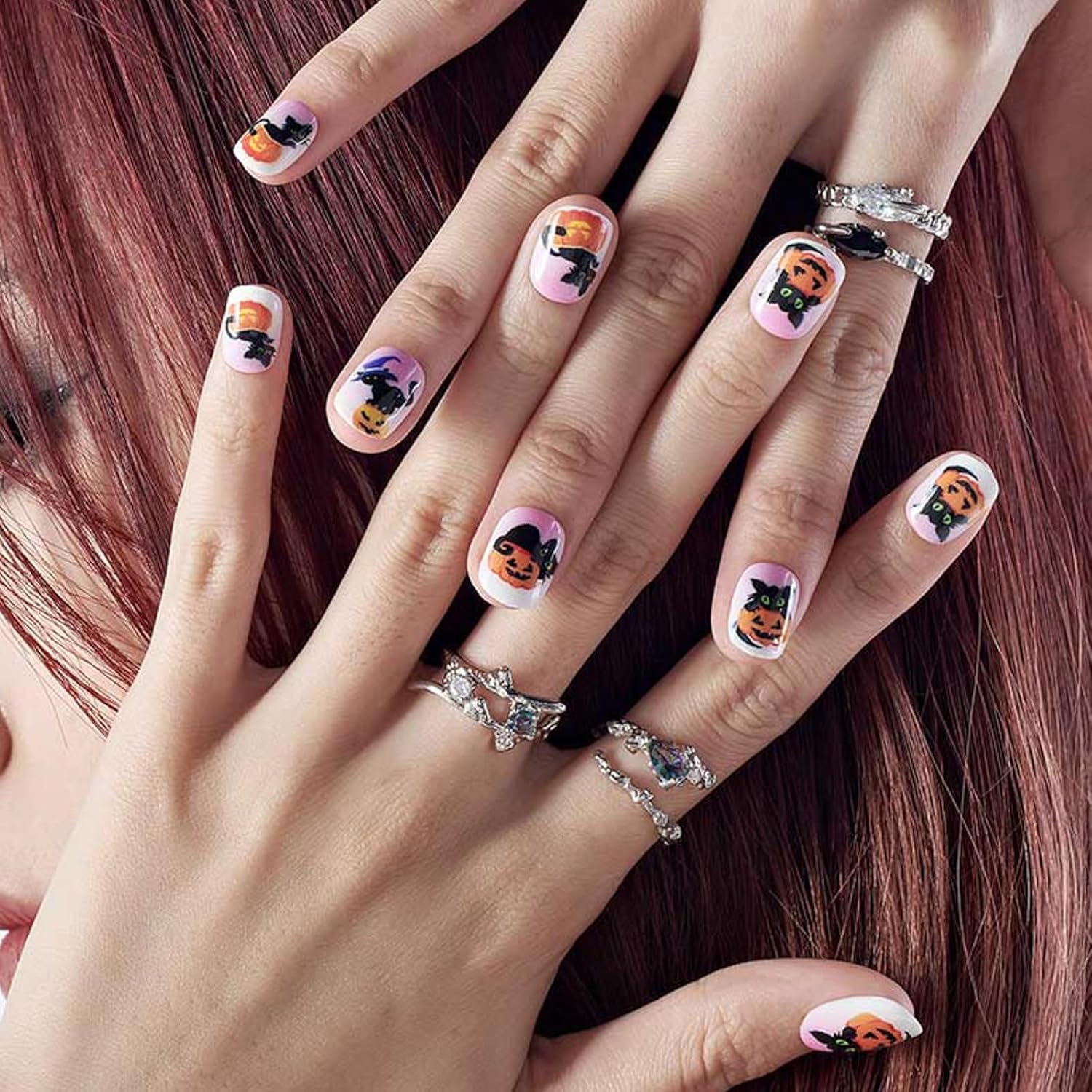 GLAMERMAID Uñas postizas cuadradas cortas para Halloween, color rosa y blanco, uñas postizas de gel con diseño de gato de bruja, uñas con pegamento