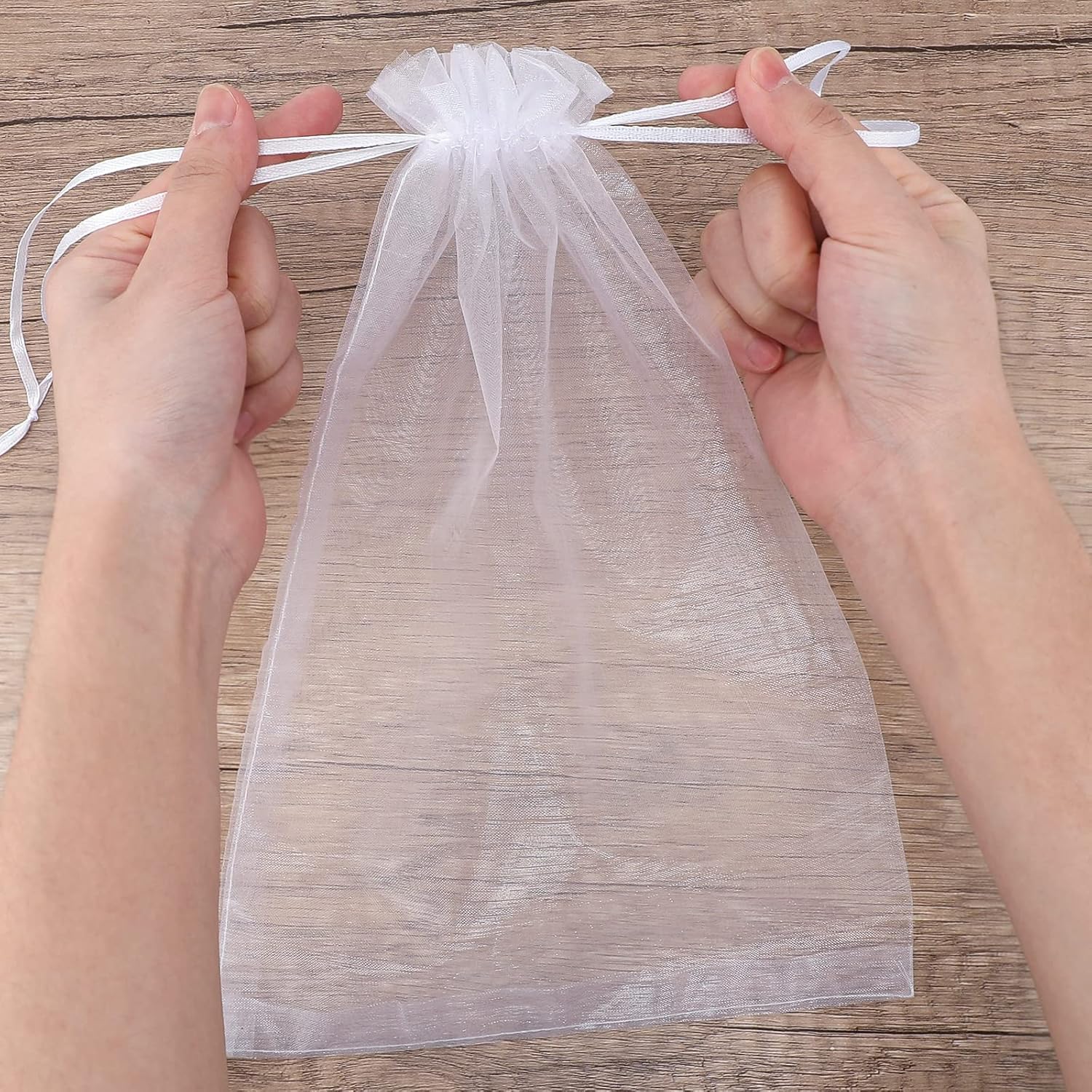 Anwyll Bolsas de organza blanca, bolsas transparentes de 8 x 12 pulgadas con cordón, 50 bolsas de regalo de joyería, bolsas de malla con cordón,