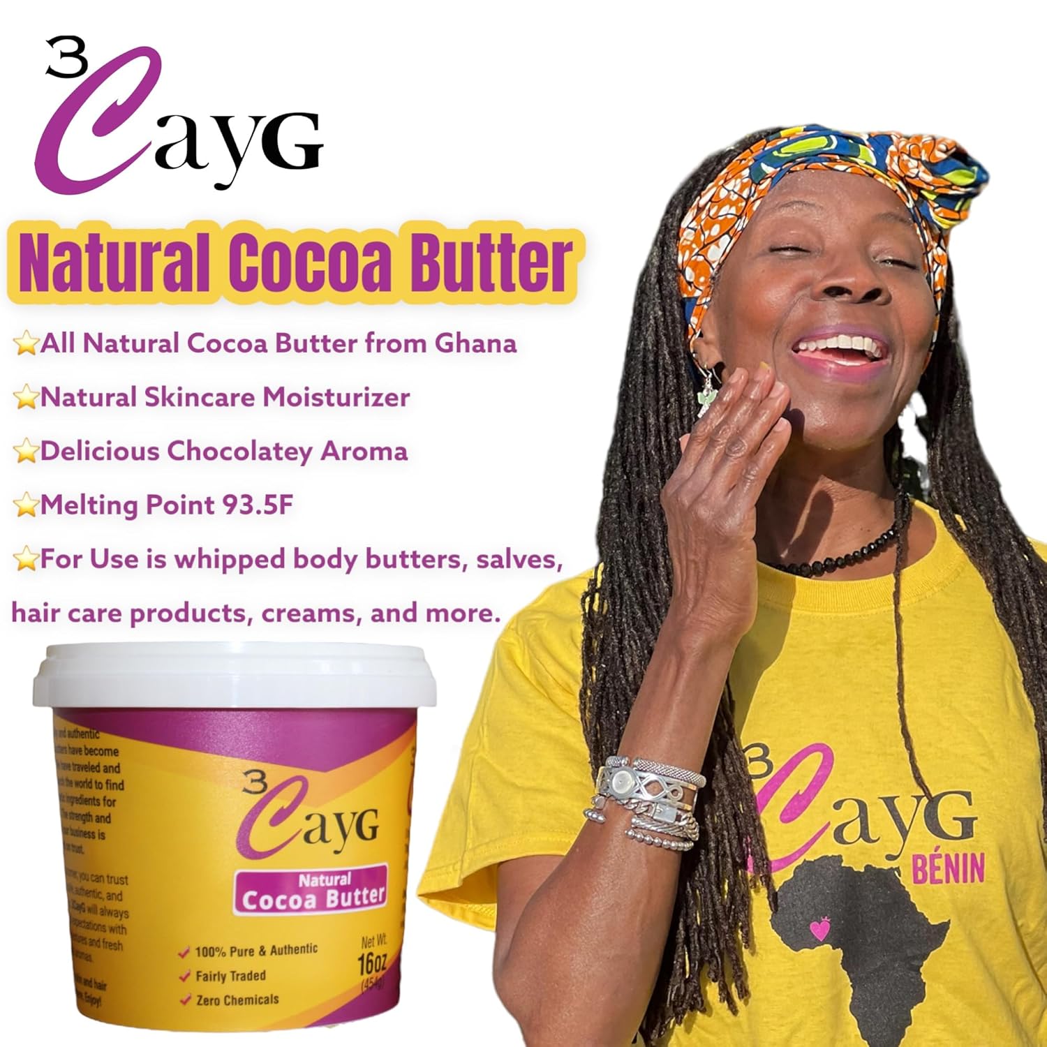 3CayG Manteca de cacao natural de 1 libra, sin refinar, hidratante y acondicionador para el cabello de lujo para la piel