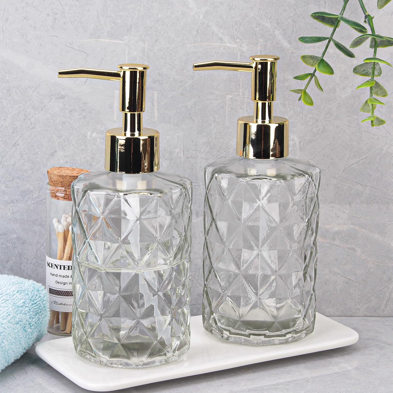 Dispensador de jabón con bomba, dispensador de jabón con patrón de diamante para encimera de cocina, baño, accesorios de baño rosa intenso (paquete