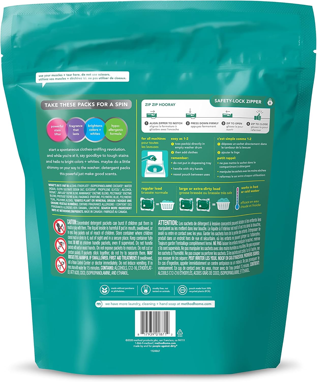 Method Paquetes de detergente para lavandería aroma a salvia playa fórmula hipoalergénica y solución quitamanchas a base de plantas que funciona en