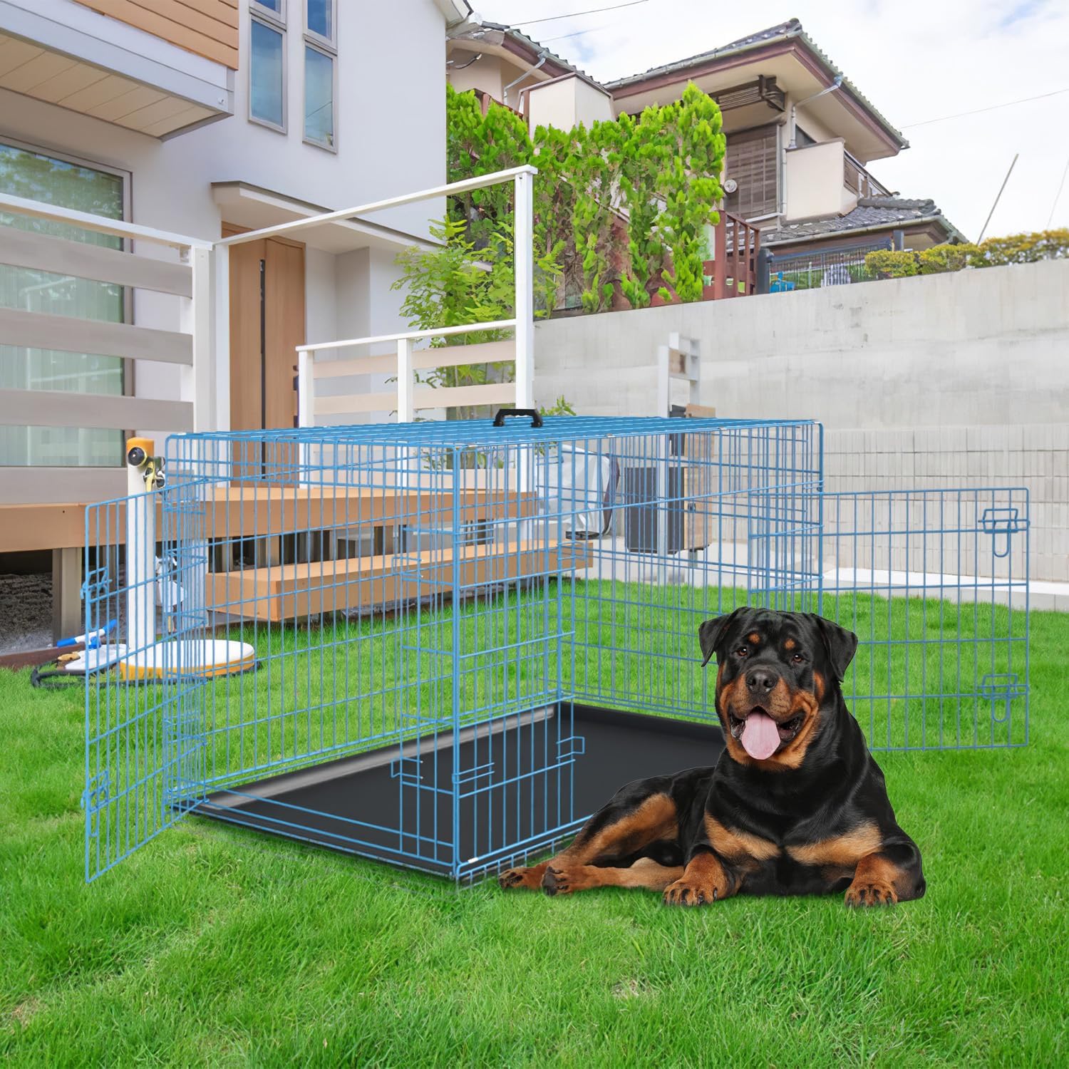 PayLessHere Jaula grande para perros medianos y grandes, jaula de metal para perros de doble puerta, plegable, para interiores y exteriores, con