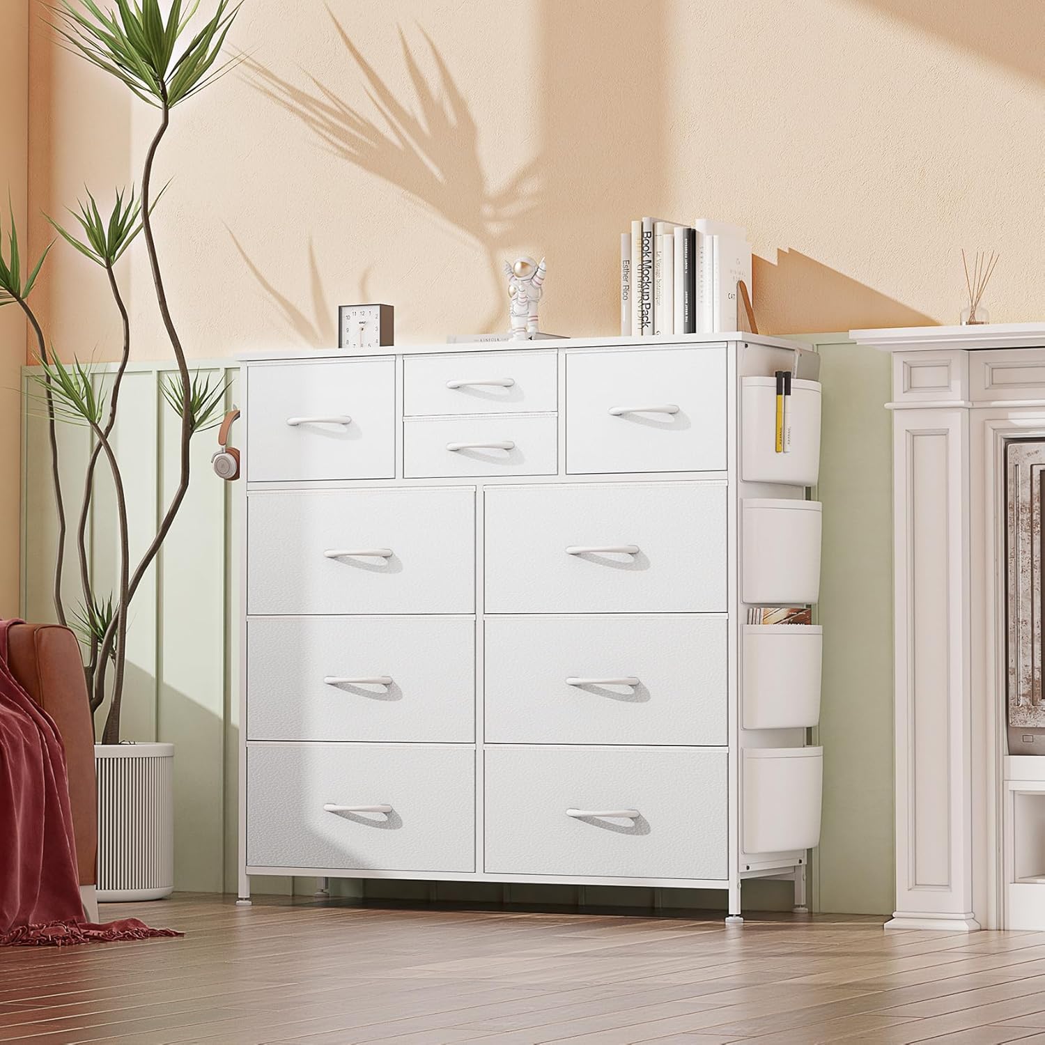 Cómoda de 10 cajones, cómoda para dormitorio, cómoda de poliuretano con bolsillos laterales, ganchos, parte superior de madera y marco de metal