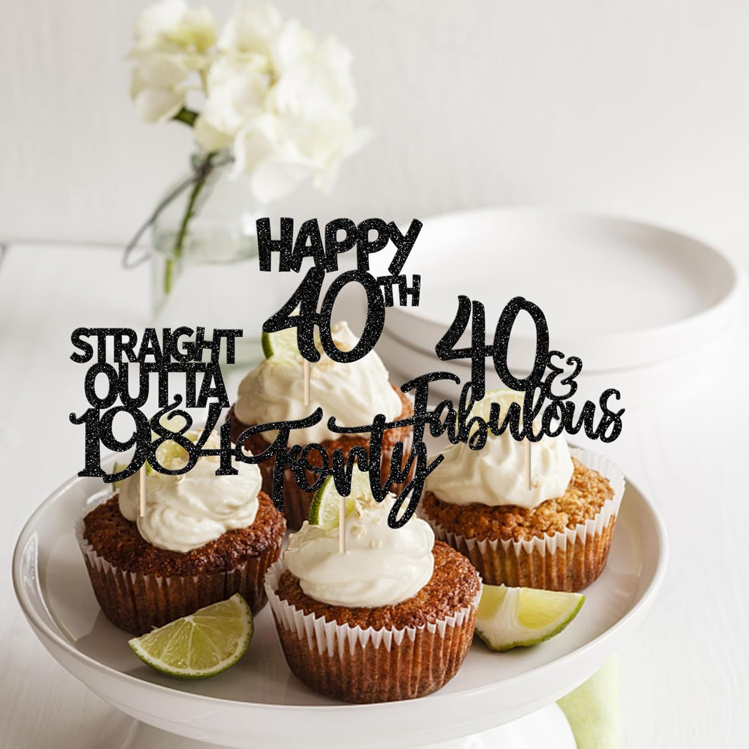 Paquete de 24 adornos para cupcakes Straight Outta 1983 con purpurina para cuarenta y 40 años, decoraciones para pasteles de cumpleaños de 40 años,