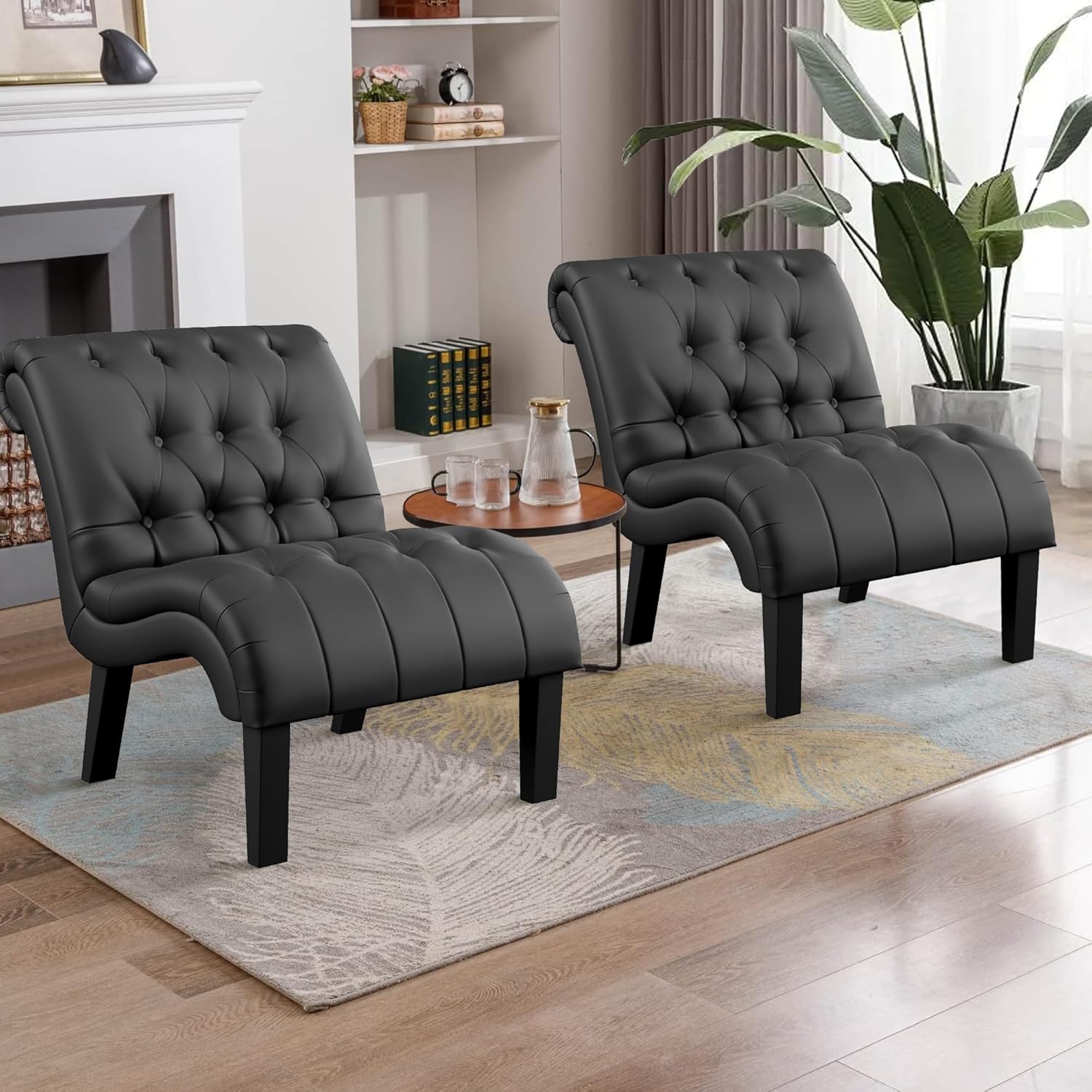 HAOBO Home Silla de piel sintética sin brazos con botones capitoné para sala de estar, comedor, dormitorio, funiture (juego de 2)