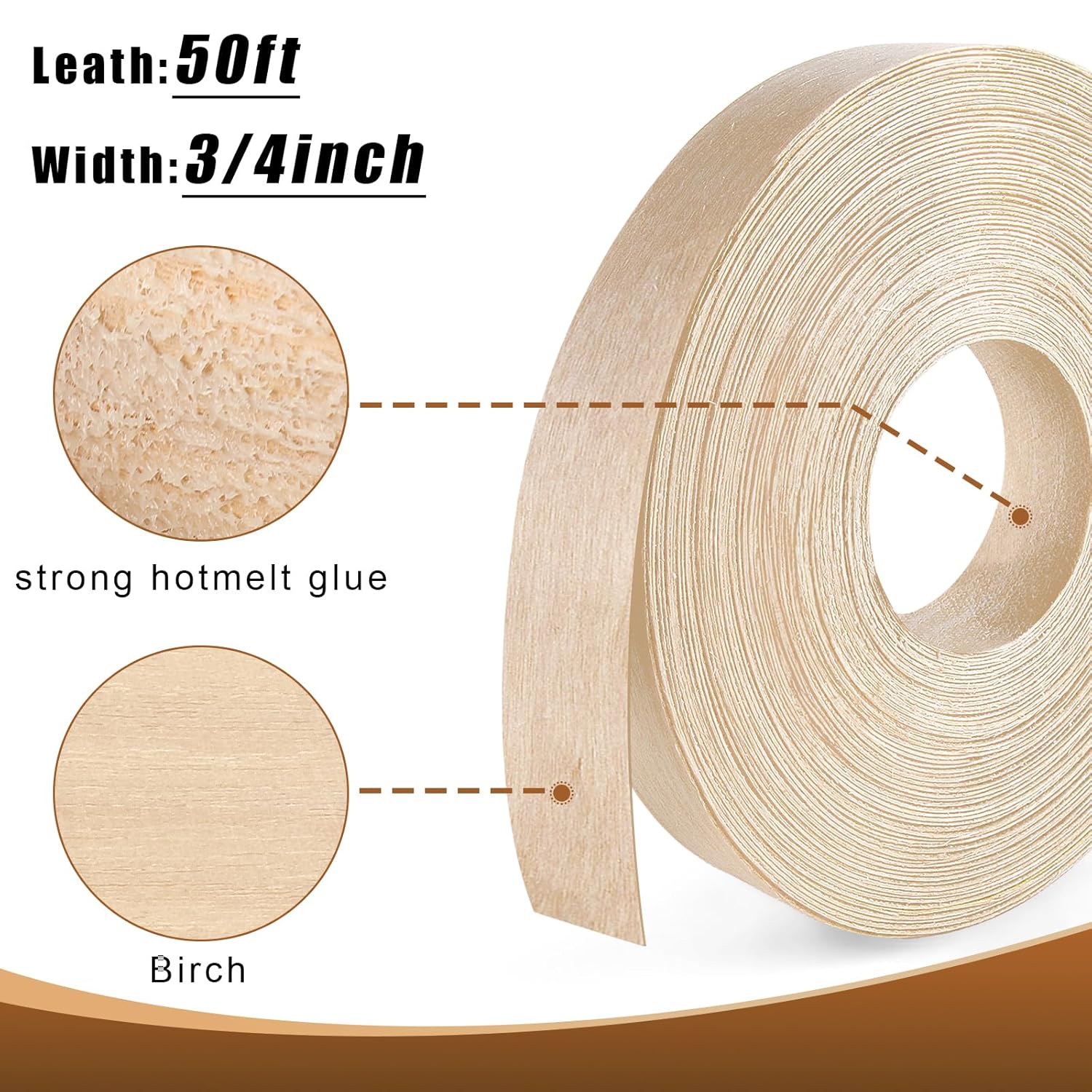 Rollo de chapa de madera contrachapada de abedul Bandas de borde de chapa de madera, bandas de borde de 34 pulgadas* 25 pies, plancha con adhesivo