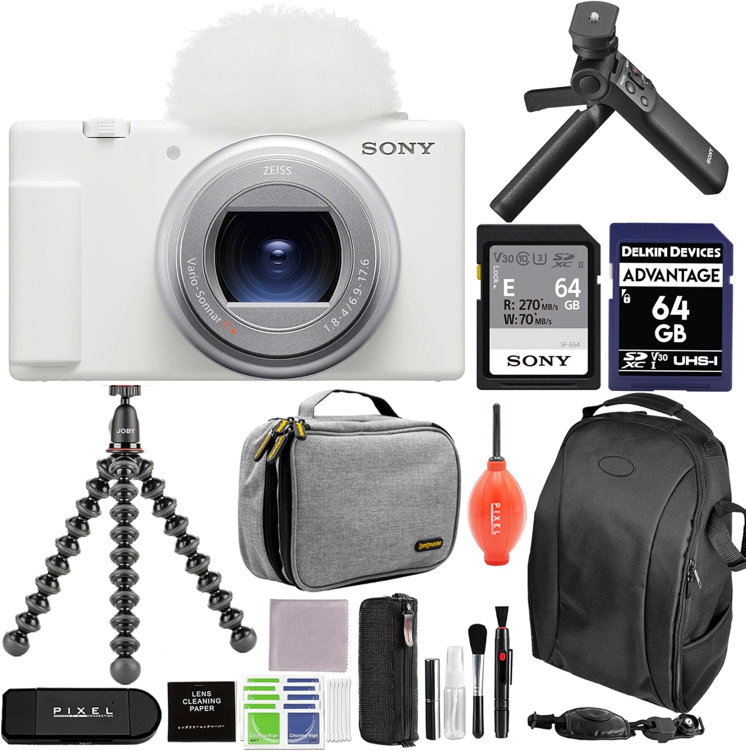Sony ZV-1 II Cámara digital (blanco) con kit de accesorios ACCVC1 Vlogger con mochila, Gorillapod y más, ZV1M2W