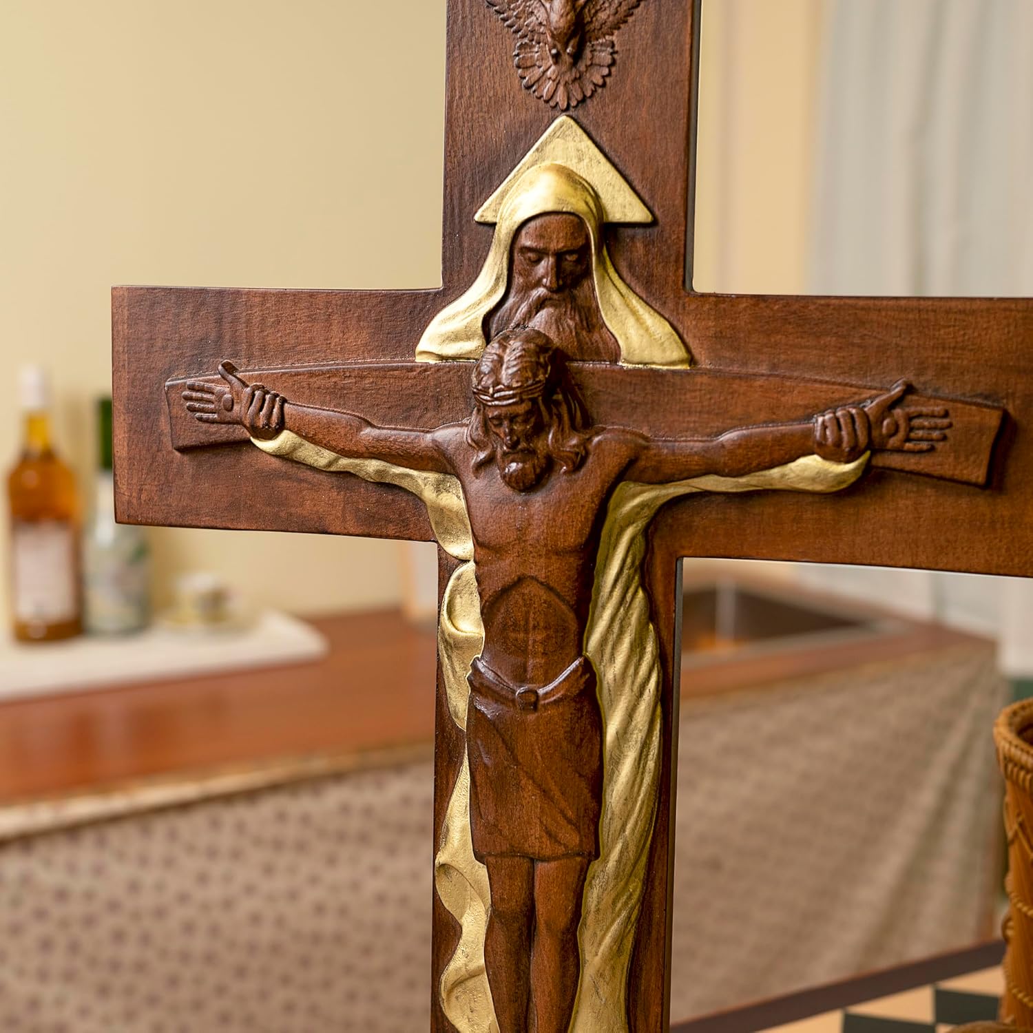 BGCOPPER Crucifijo de pared de crucifijo de la Santísima Trinidad, cruz de Cristo Jesús para pared con gancho, cruz de madera hecha a mano para