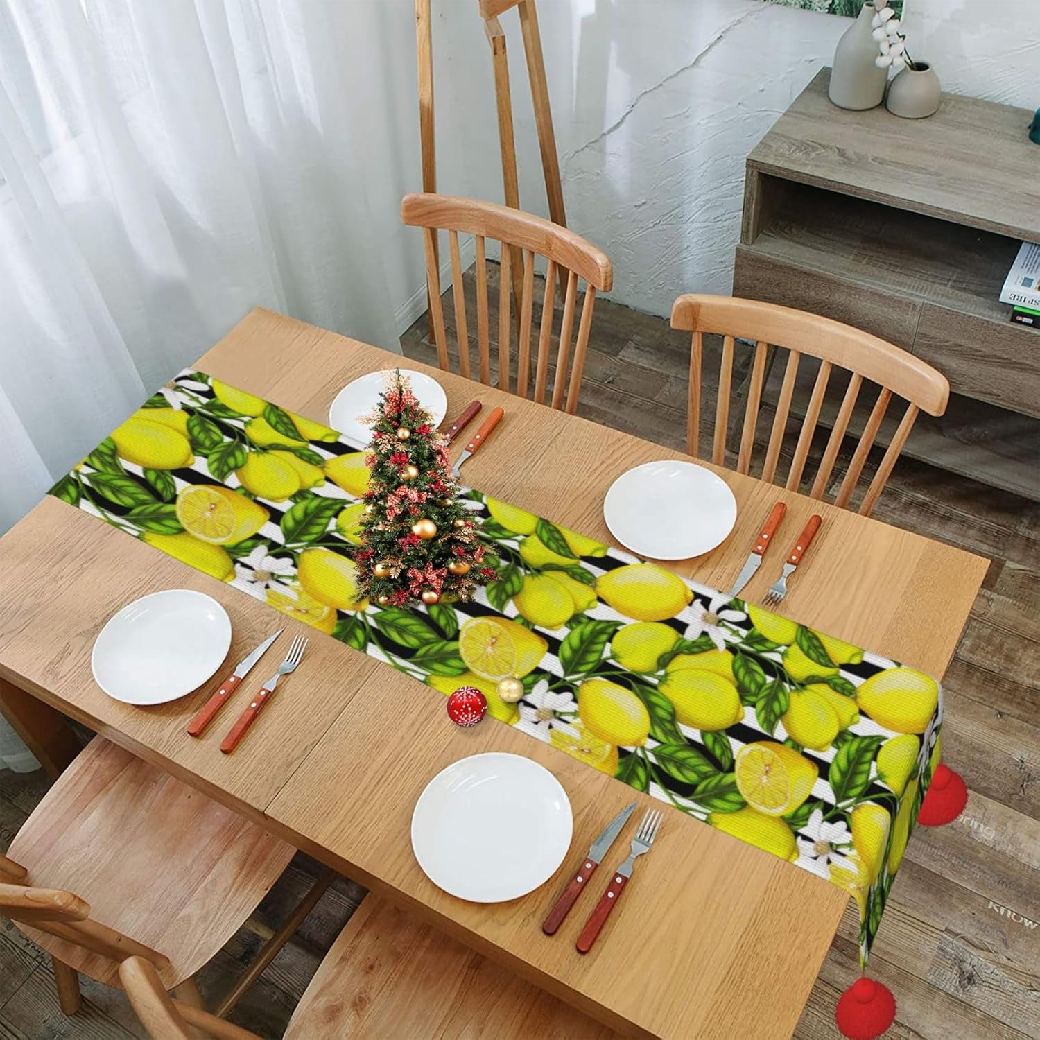 Camino de mesa de Navidad de limón, decoración de mesa de comedor, decoración de Navidad, decoración de interiores del hogar, caminos de mesa de