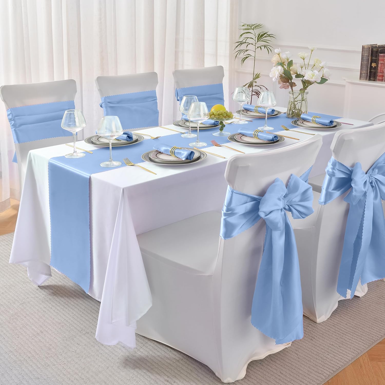 24 caminos de mesa de satén azul bebé de 12 x 108 pulgadas, caminos de mesa de boda sedosos, decoración de mesa elegante, caminos de mesa suaves y