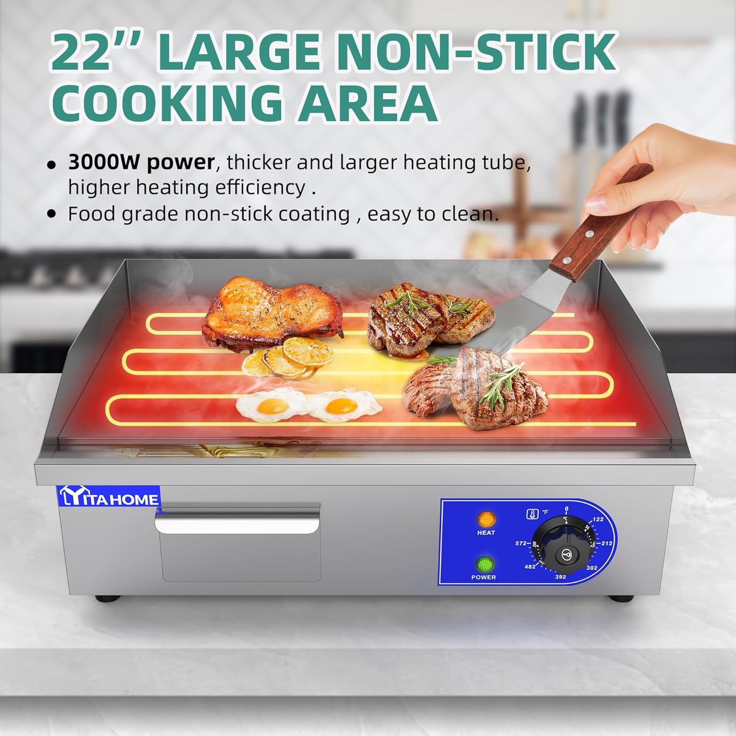 YITAHOME Plancha eléctrica comercial de 22 pulgadas con mango de resorte, plancha comercial de 3000 W, parrilla Teppanyaki antiadherente para