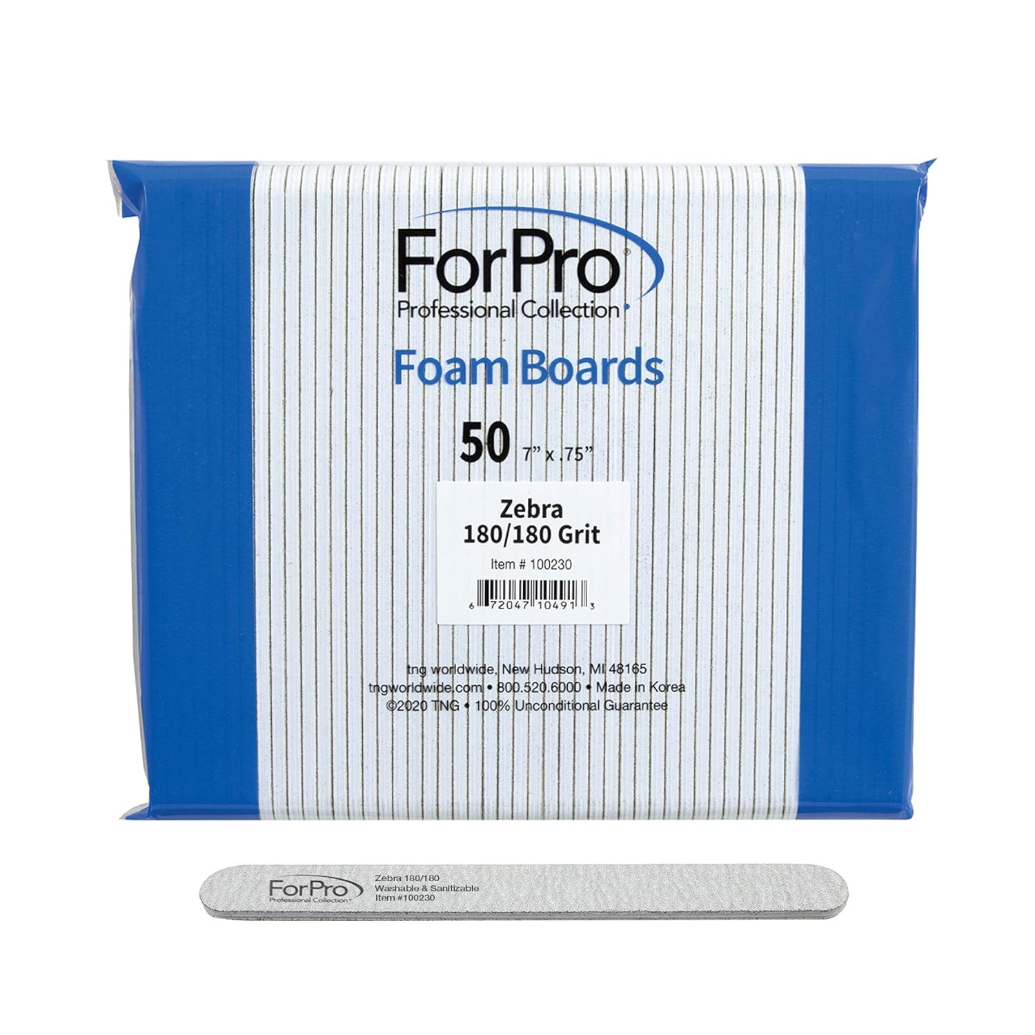 ForPro Professional Collection Zebra – Tabla de espuma, grano 180180, lima de uñas de manicura de doble cara, 7 pulgadas de largo x 0.75 pulgadas de