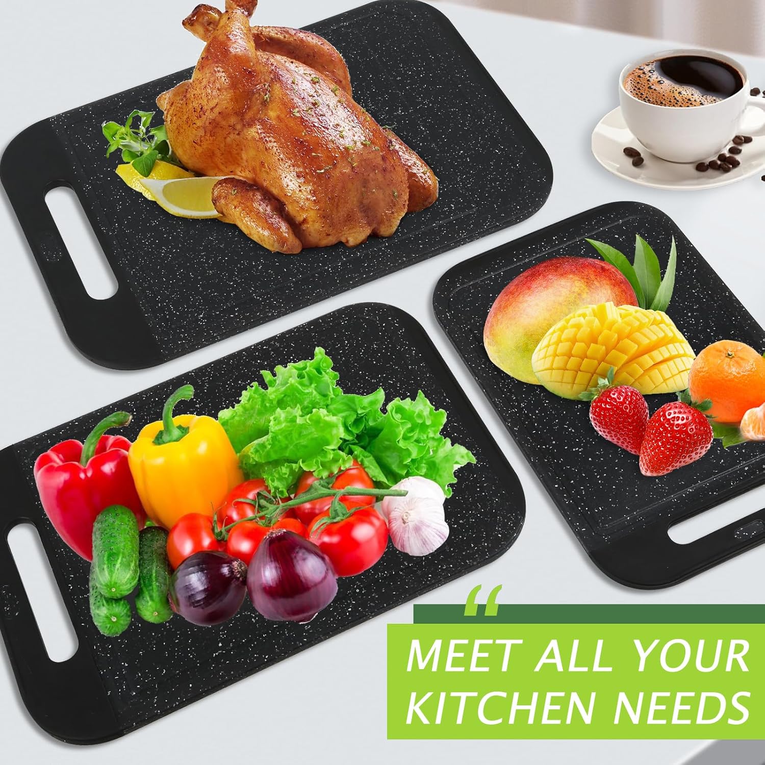 Palaxe Juego de 3 tablas de cortar de plástico para cocina, aptas para lavavajillas, con ranuras antideslizantes para jugos, mango de fácil agarre