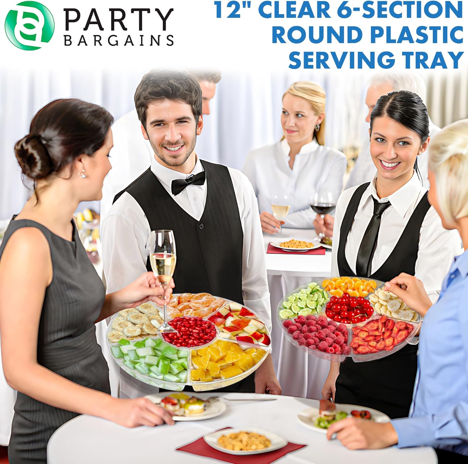 PARTY BARGAINS Bandeja redonda de plástico de 12 pulgadas, 6 secciones, transparente, paquete de 8