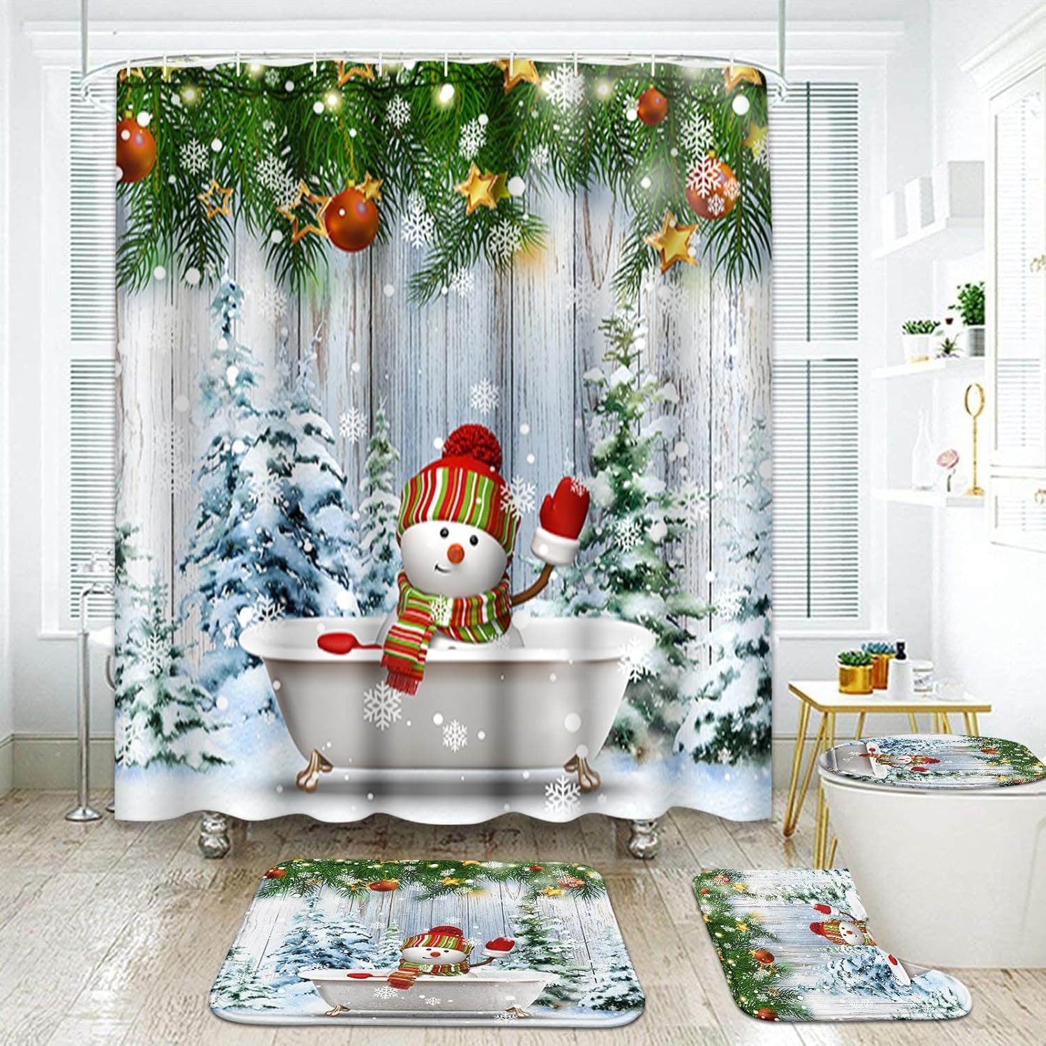 Bribay Juego de cortinas de ducha de 4 piezas, gnomo de Navidad, Papá Noel, invierno, con alfombras antideslizantes, cubierta para tapa de inodoro y