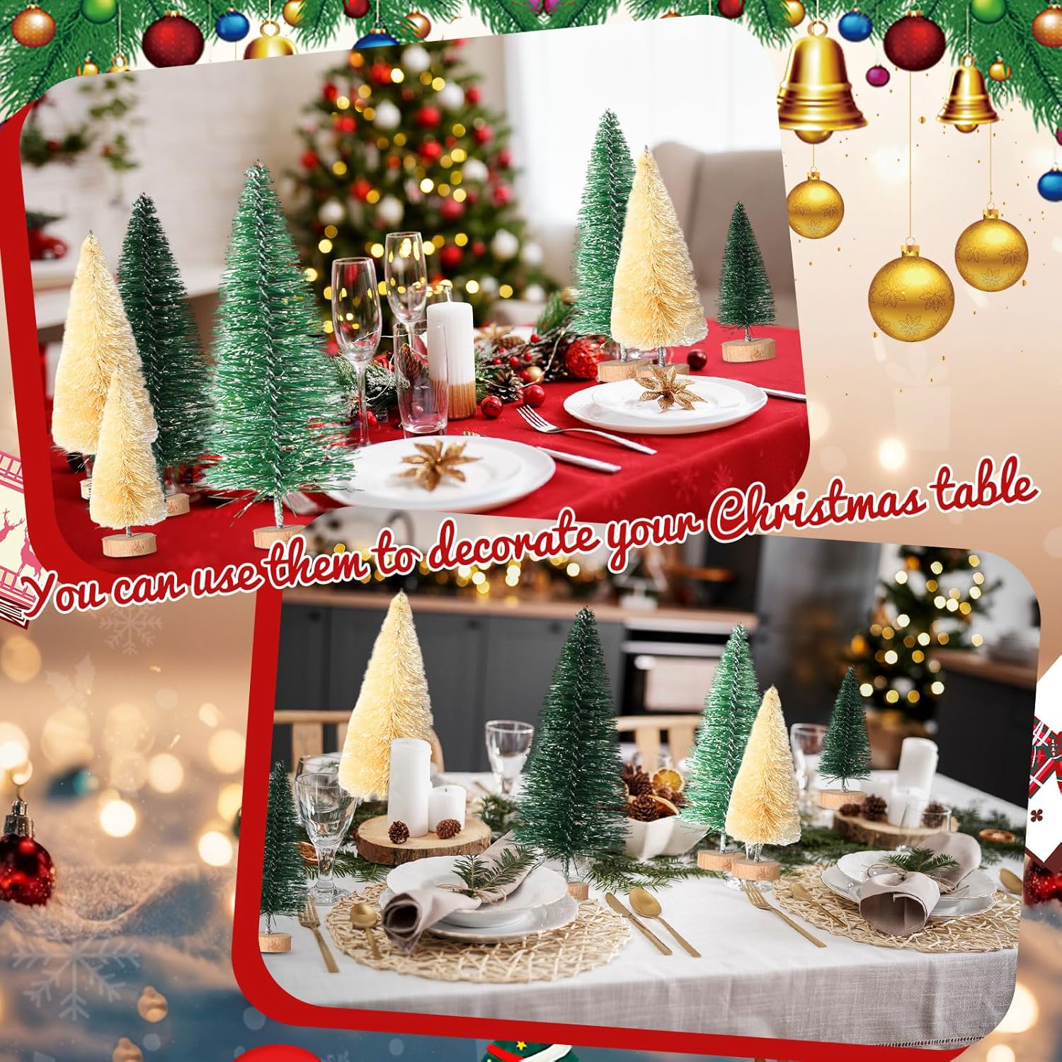 SATINIOR 60 piezas de mini árbol de Navidad artificiales de sisal para árboles de nieve, cepillos para botellas, árboles de Navidad, adornos de