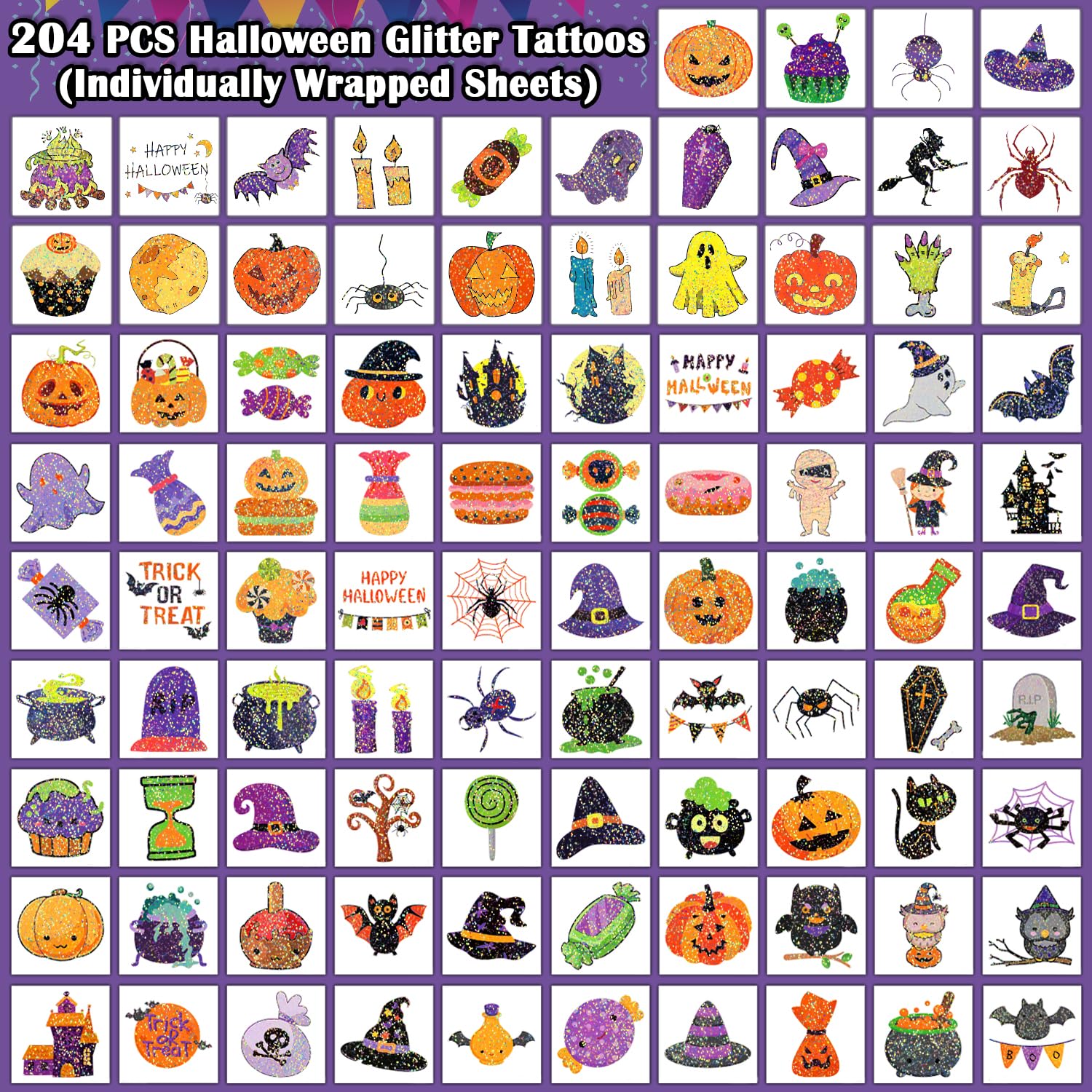 Partywind 204 tatuajes de Halloween con purpurina para golosinas infantiles, suministros de decoración de fiesta de Halloween para niños y niñas,